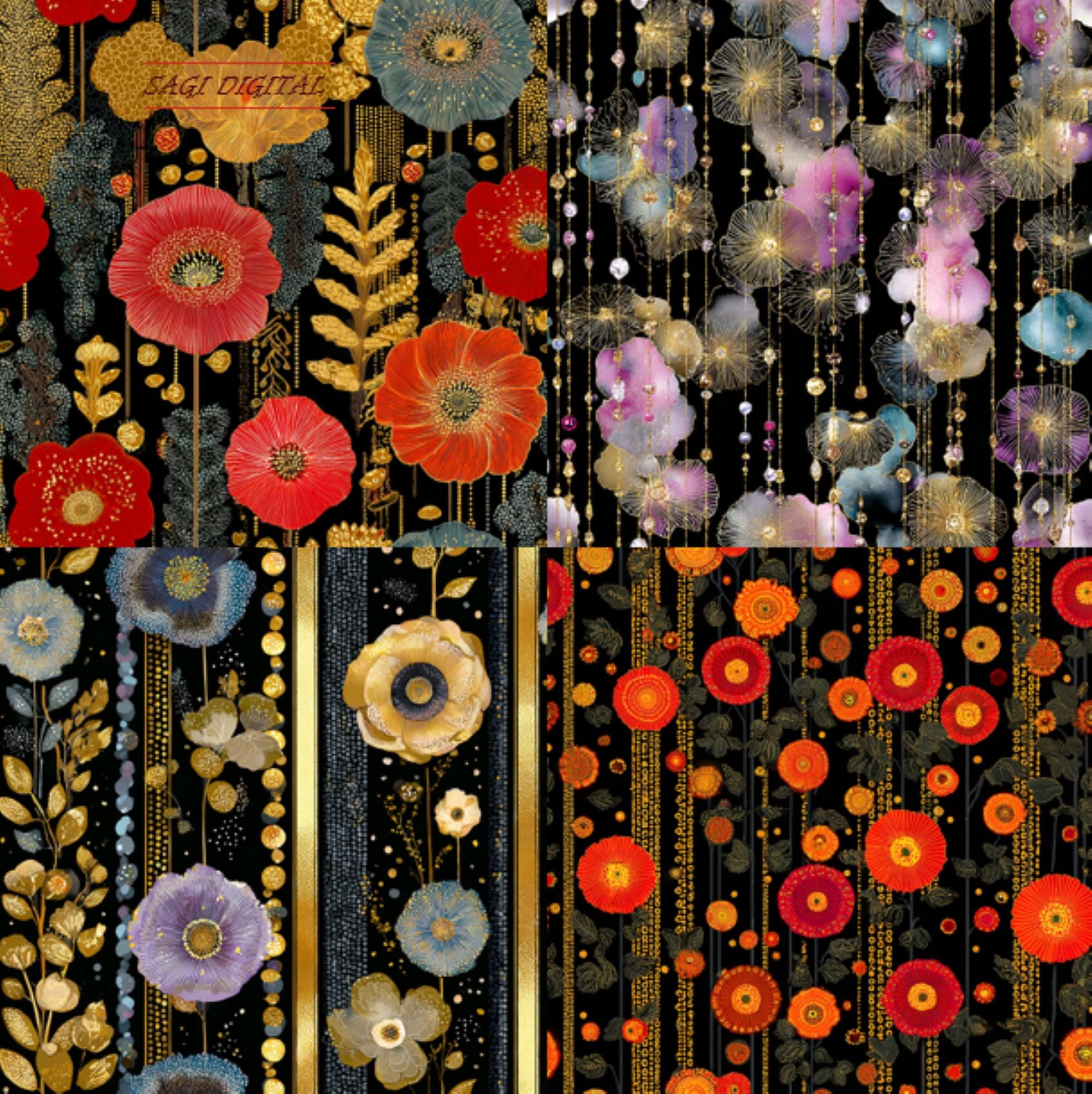 Art Nouveau Floral Seamless Pattern Bundle, 4 Botanical Digital Patterns, Commercial Use