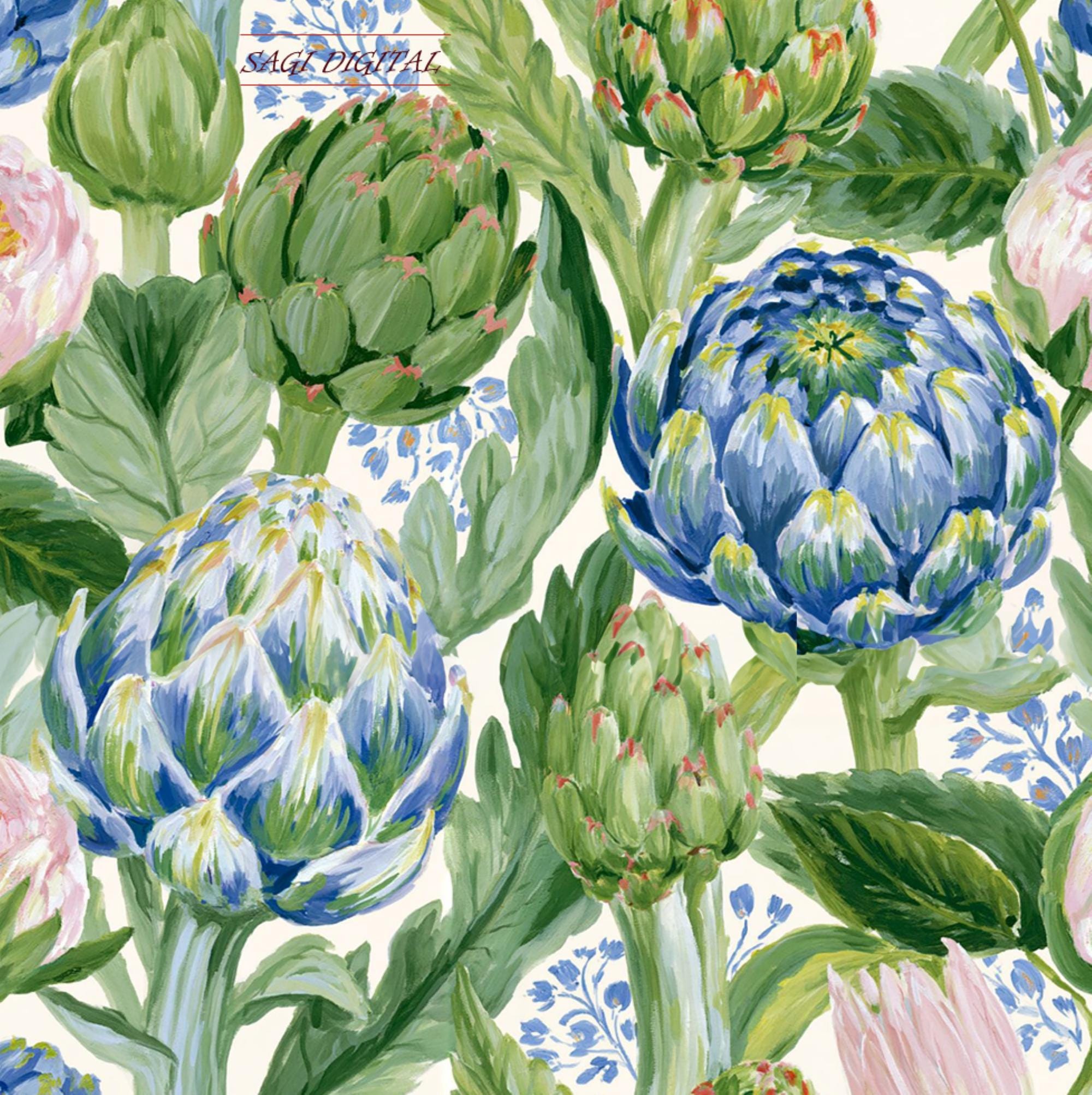 Artichoke Floral Seamless Pattern, Painted Botanical Chintz, Commercial Use