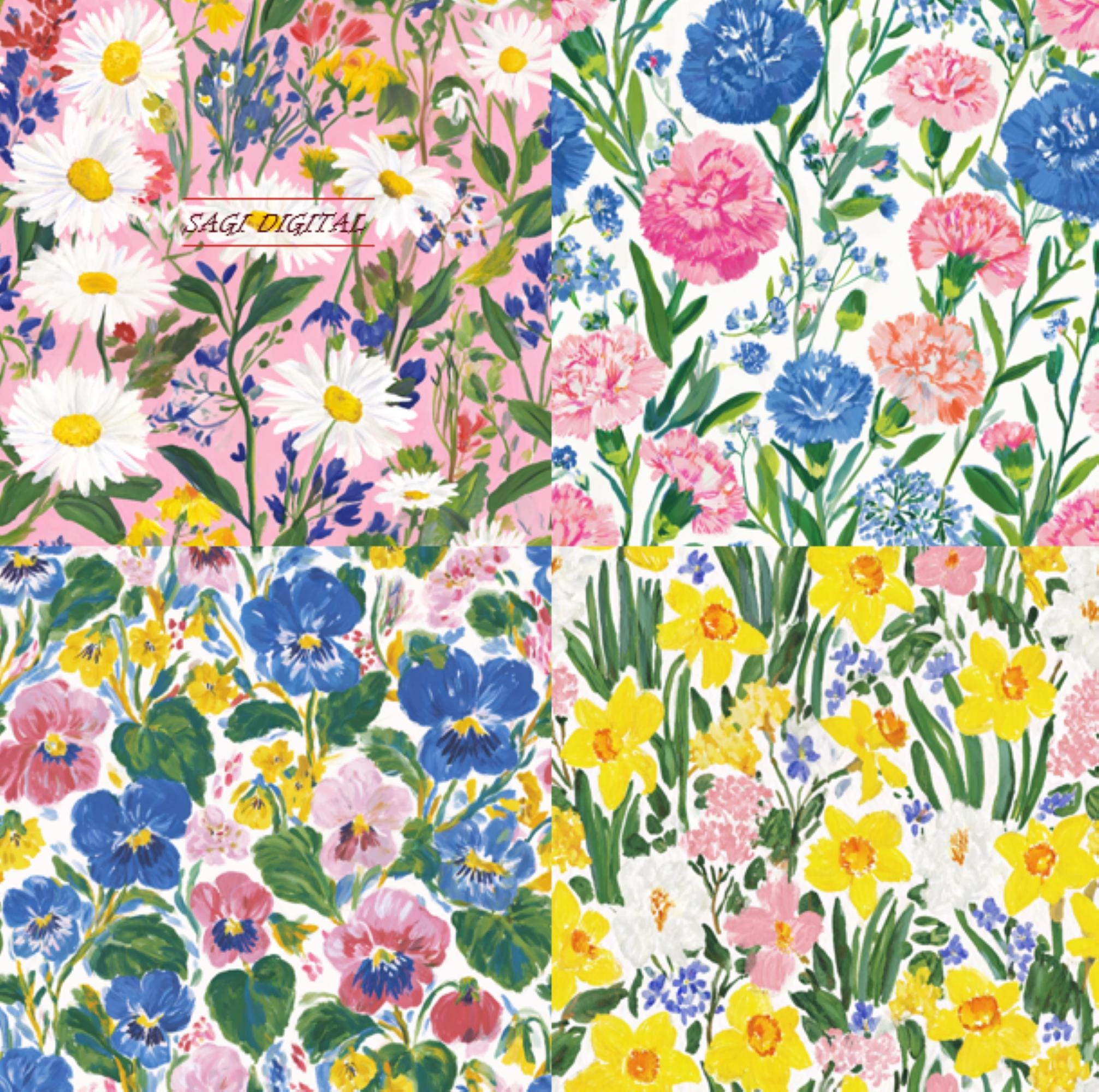 Birth Month FlowerWatercolor Seamless Pattern Set, January, February, March, April, Commercial Use