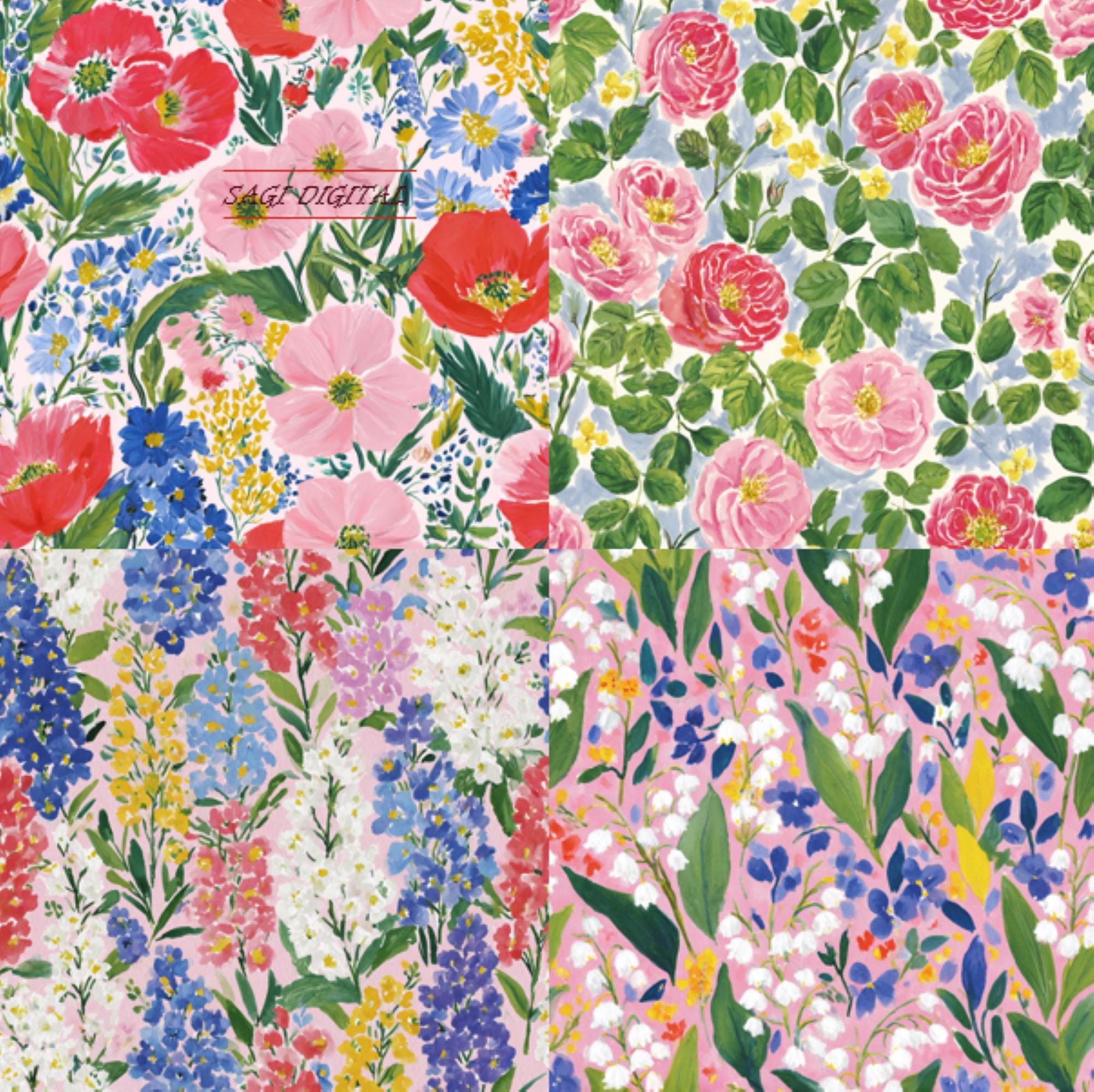 Birth Month Flower Watercolor Seamless Pattern Set, May June July August, Commercial Use