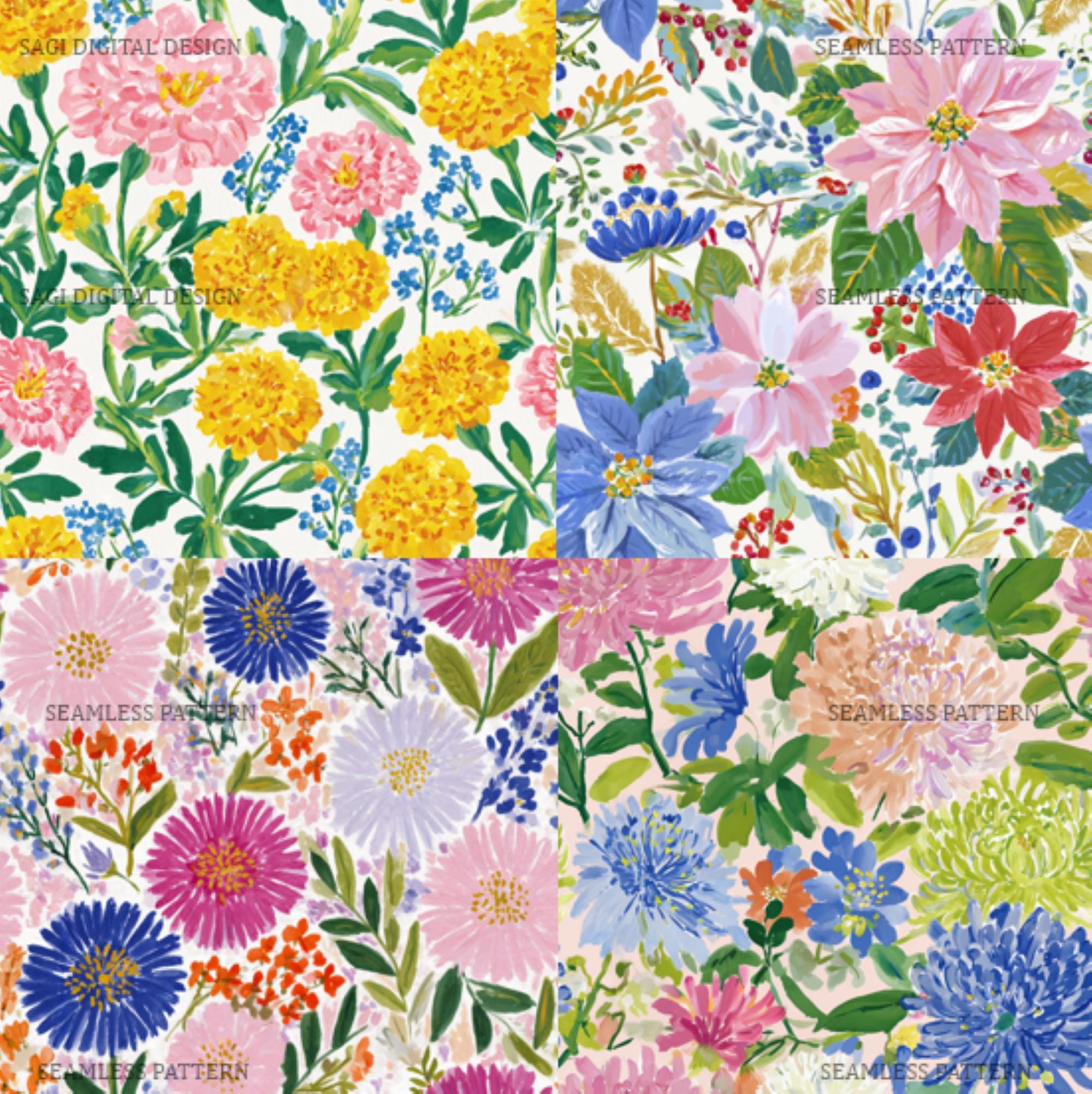 Birth Flower Seamless Pattern Set, Watercolor Botanical Designs, Commercial Use