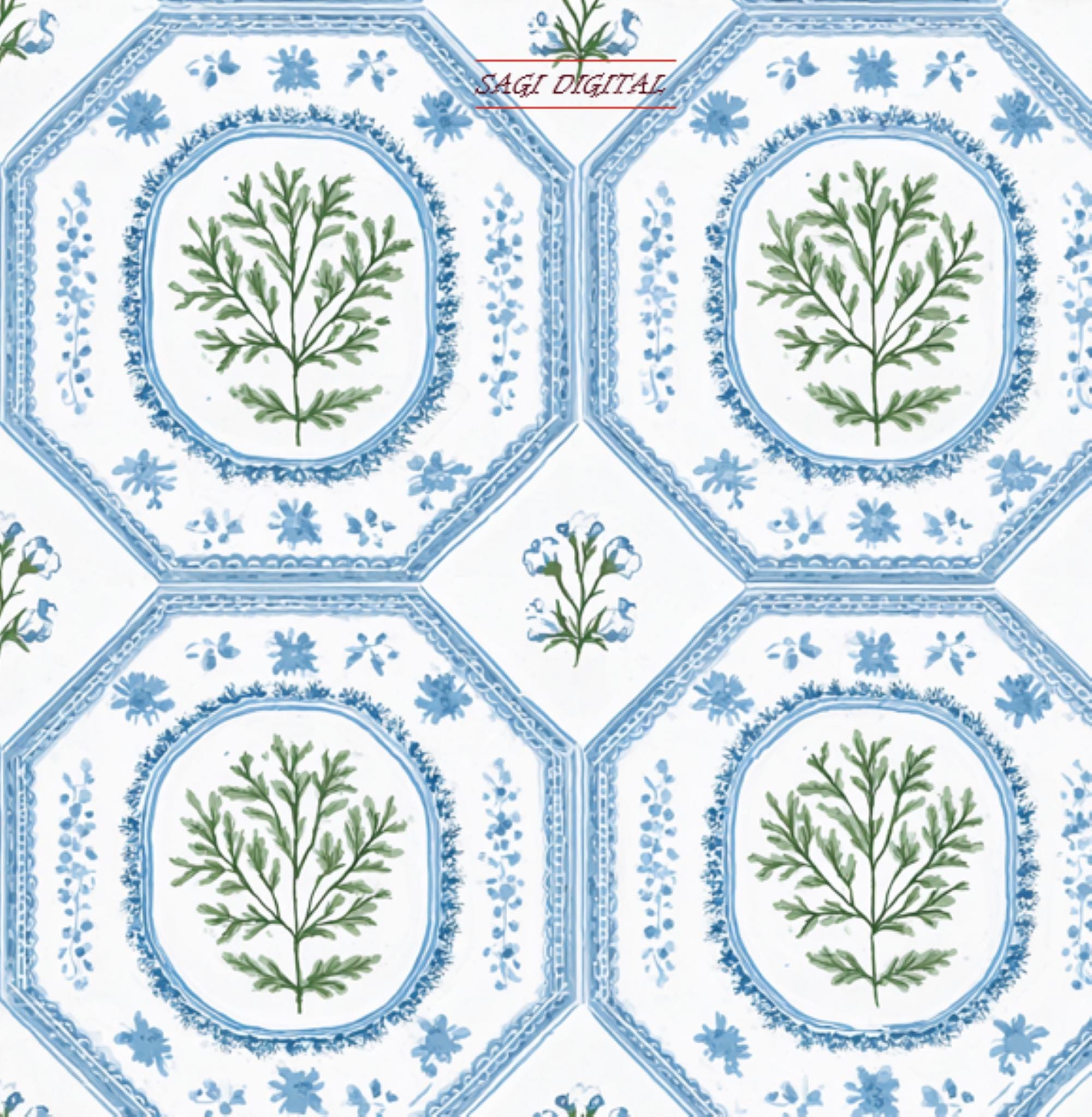 Blue Botanical Tile Seamless Pattern, Watercolor Chinoiserie Digital Paper, Commercial Use