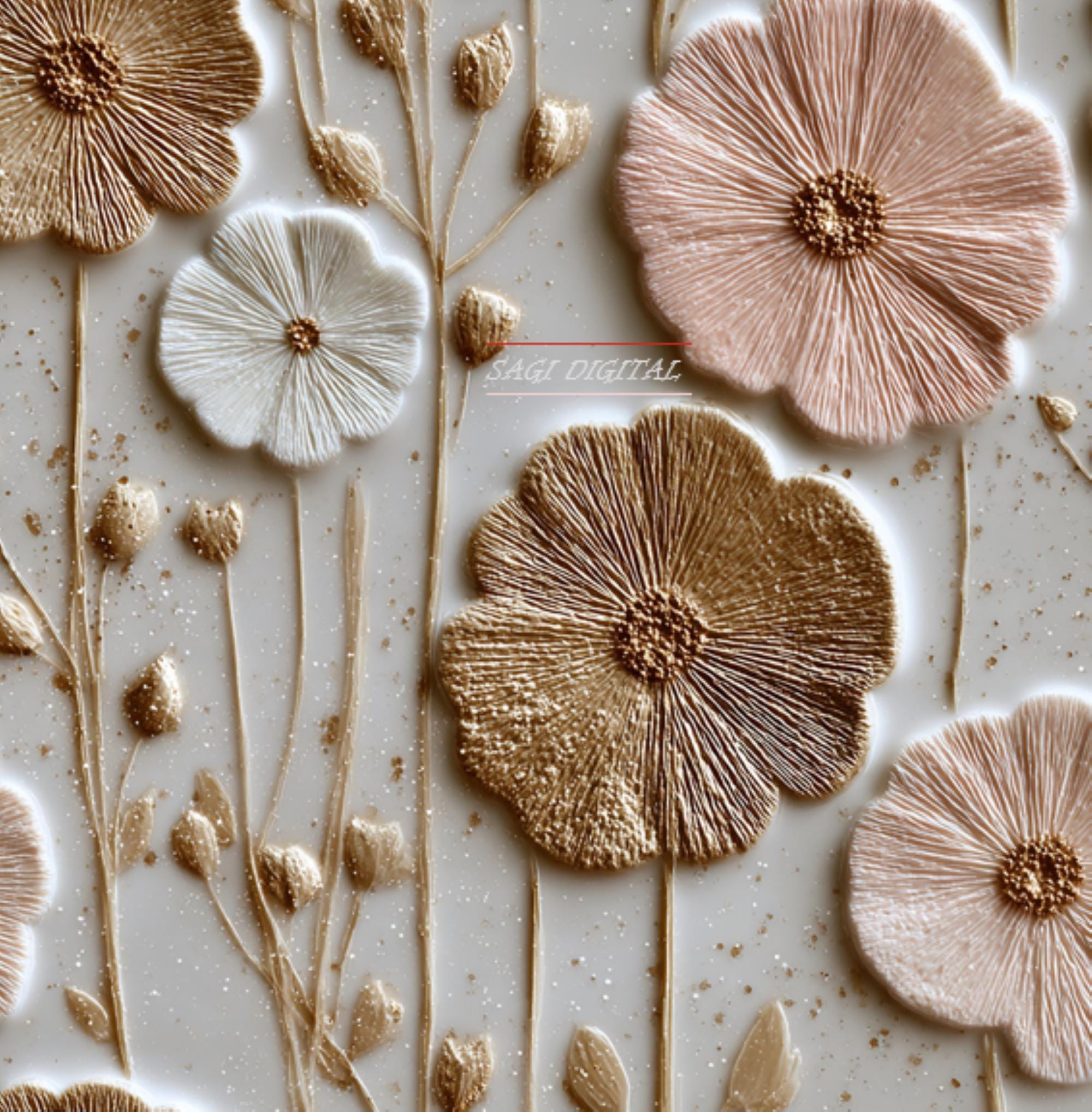 Boho Ceramic Flowers Seamless Pattern, Embossed Floral Texture Digital Paper, Commercial Use