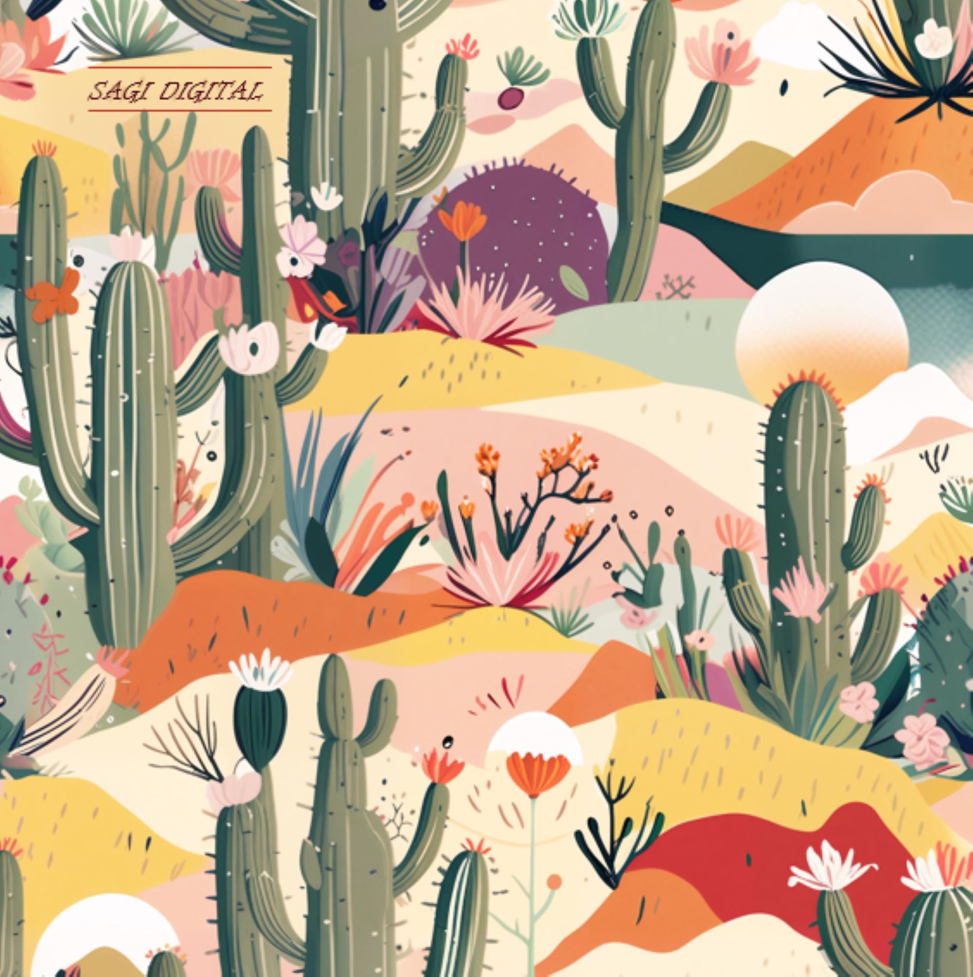 Boho Desert Cactus Seamless Pattern, Terracotta Landscape Digital Paper, Commercial Use
