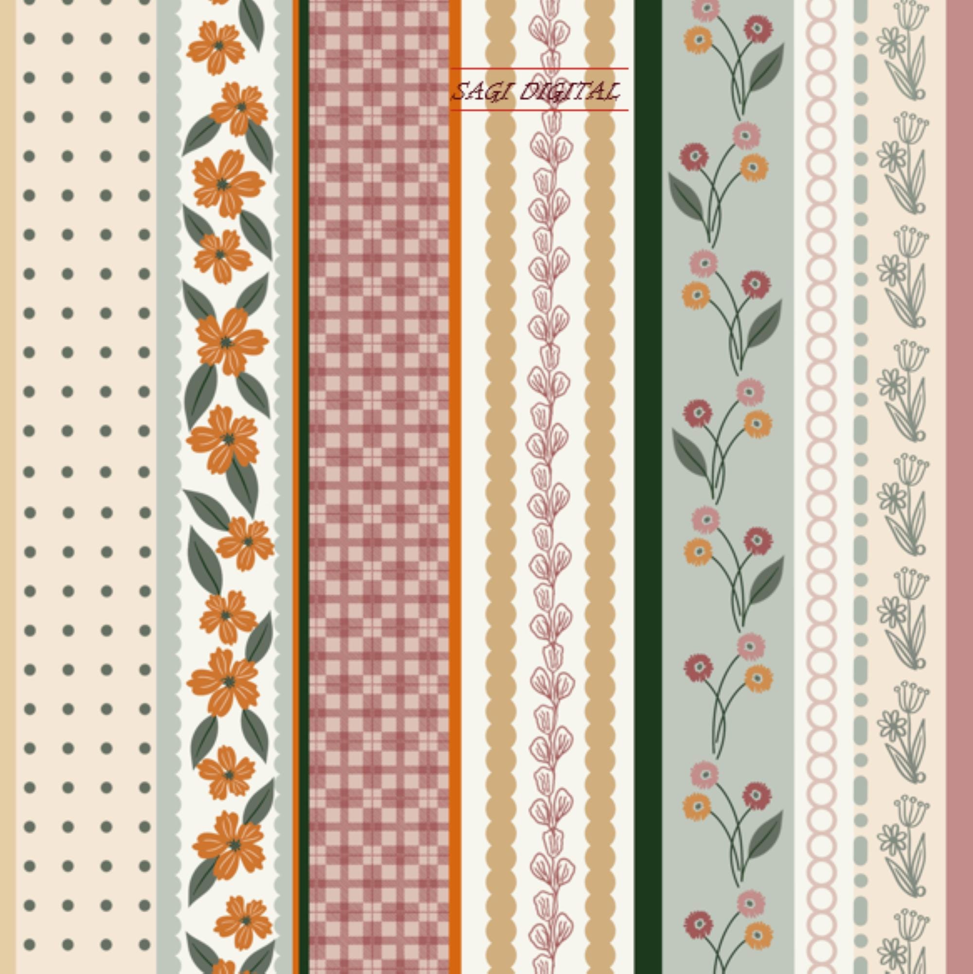 Boho Floral Stripe Seamless Pattern, Terracotta Sage Folk Botanical Digital Paper, Commercial Use