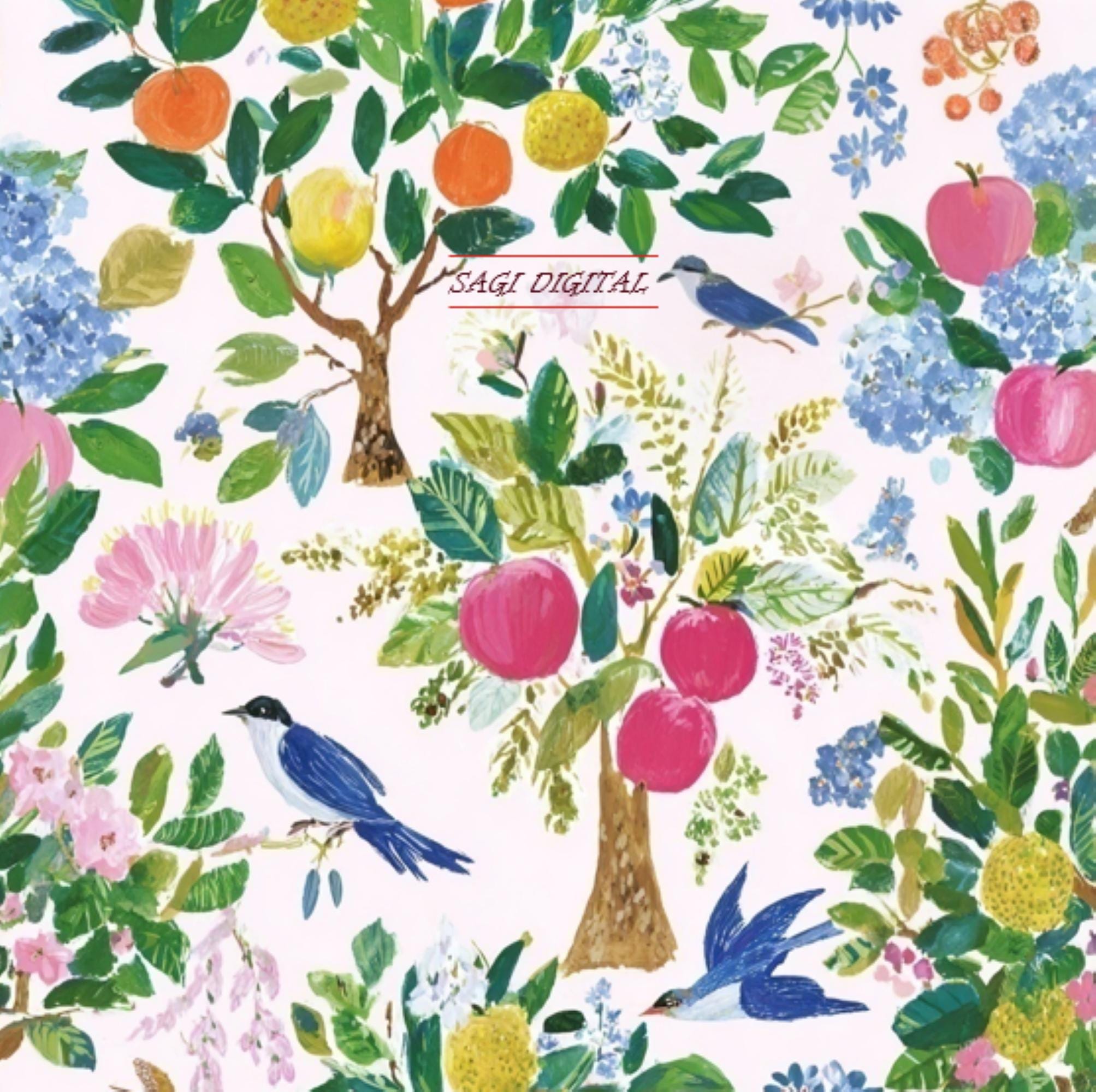Botanical Fruit Garden Seamless Pattern, Whimsical Bird Orchard Digital Paper, Commercial Use