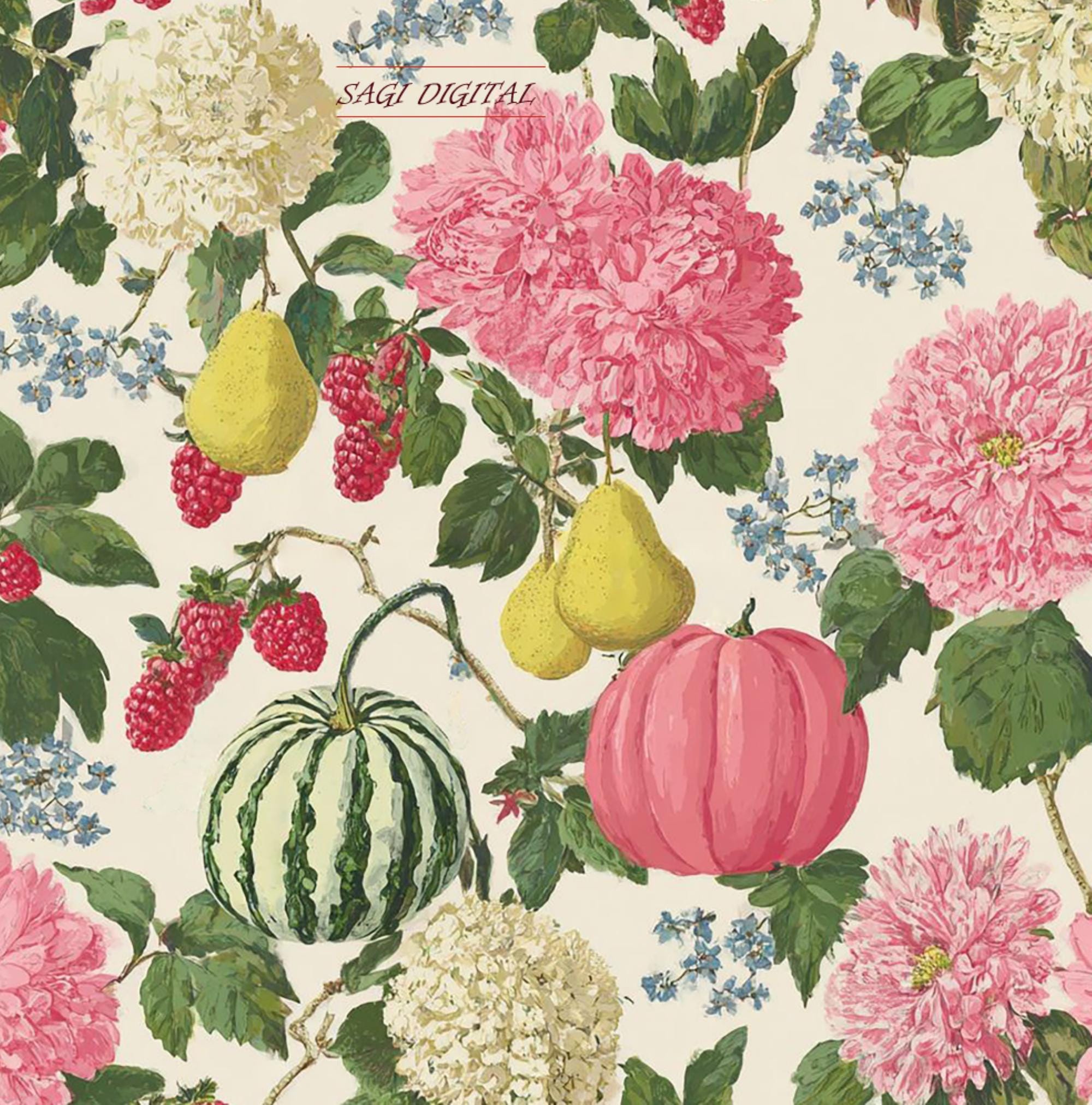 Botanical Seamless Pattern, Peony Hydrangea Fruit Harvest Print, Commercial Use