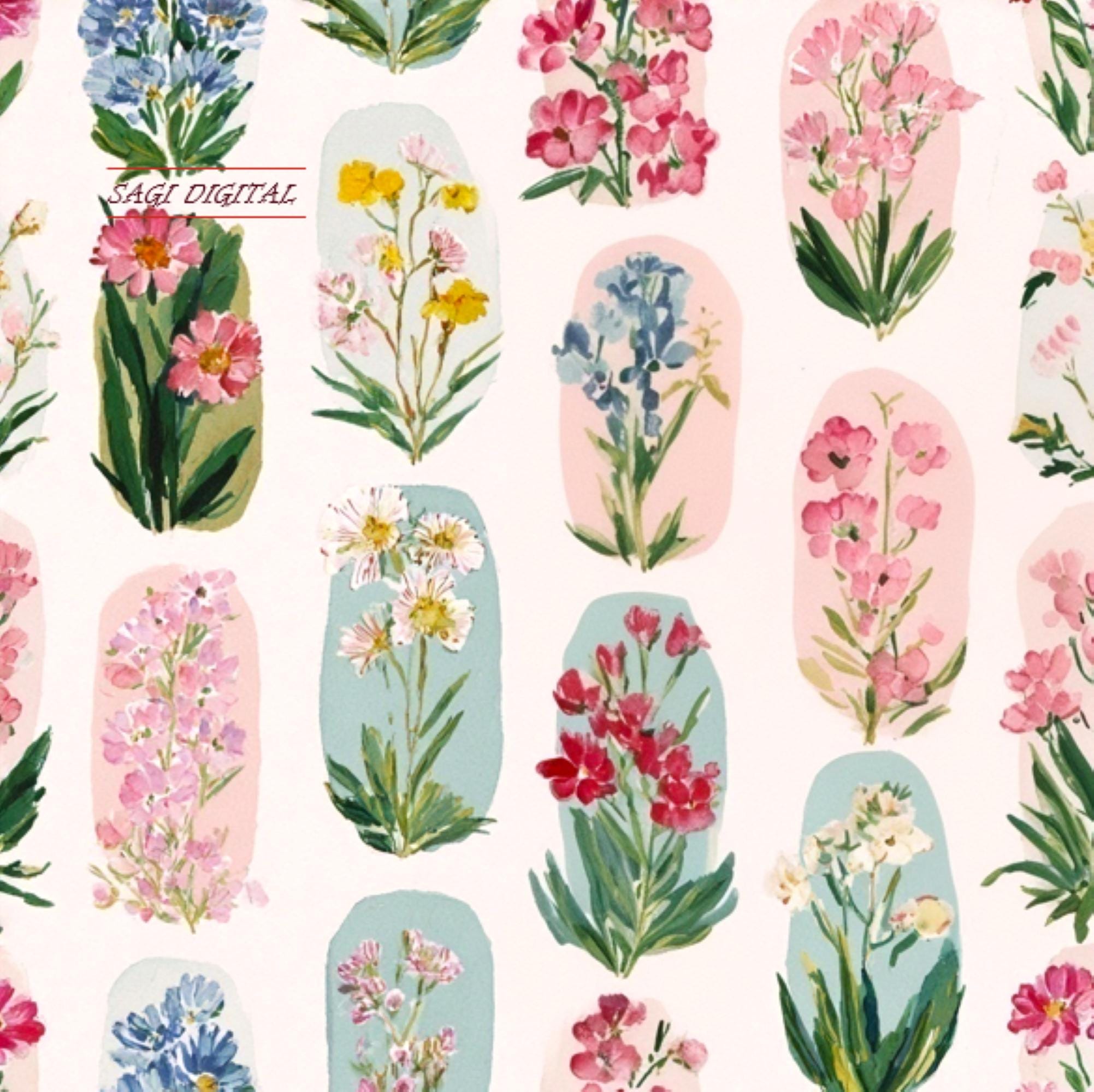 Botanical Specimen Seamless Pattern, Watercolor Herbarium Floral Digital Paper, Commercial Use