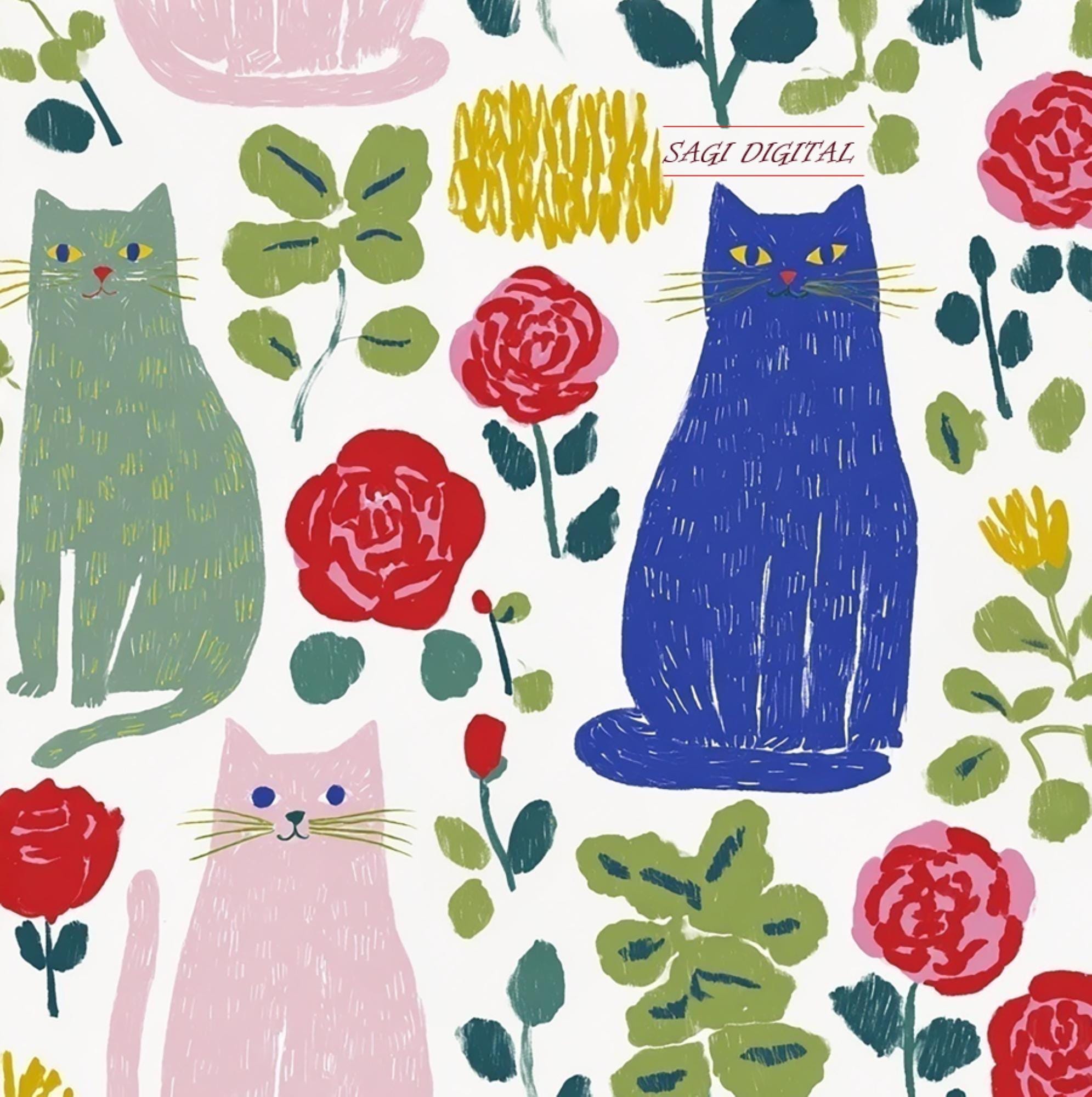 Cats Roses Folk Art Seamless Pattern, Cottagecore Digital Paper, Commercial Use