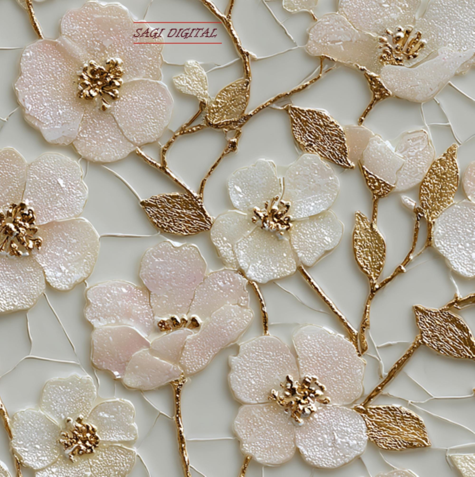 Ceramic White Gold Floral Seamless Pattern, Embossed Flower Digital Paper, Commercial Use