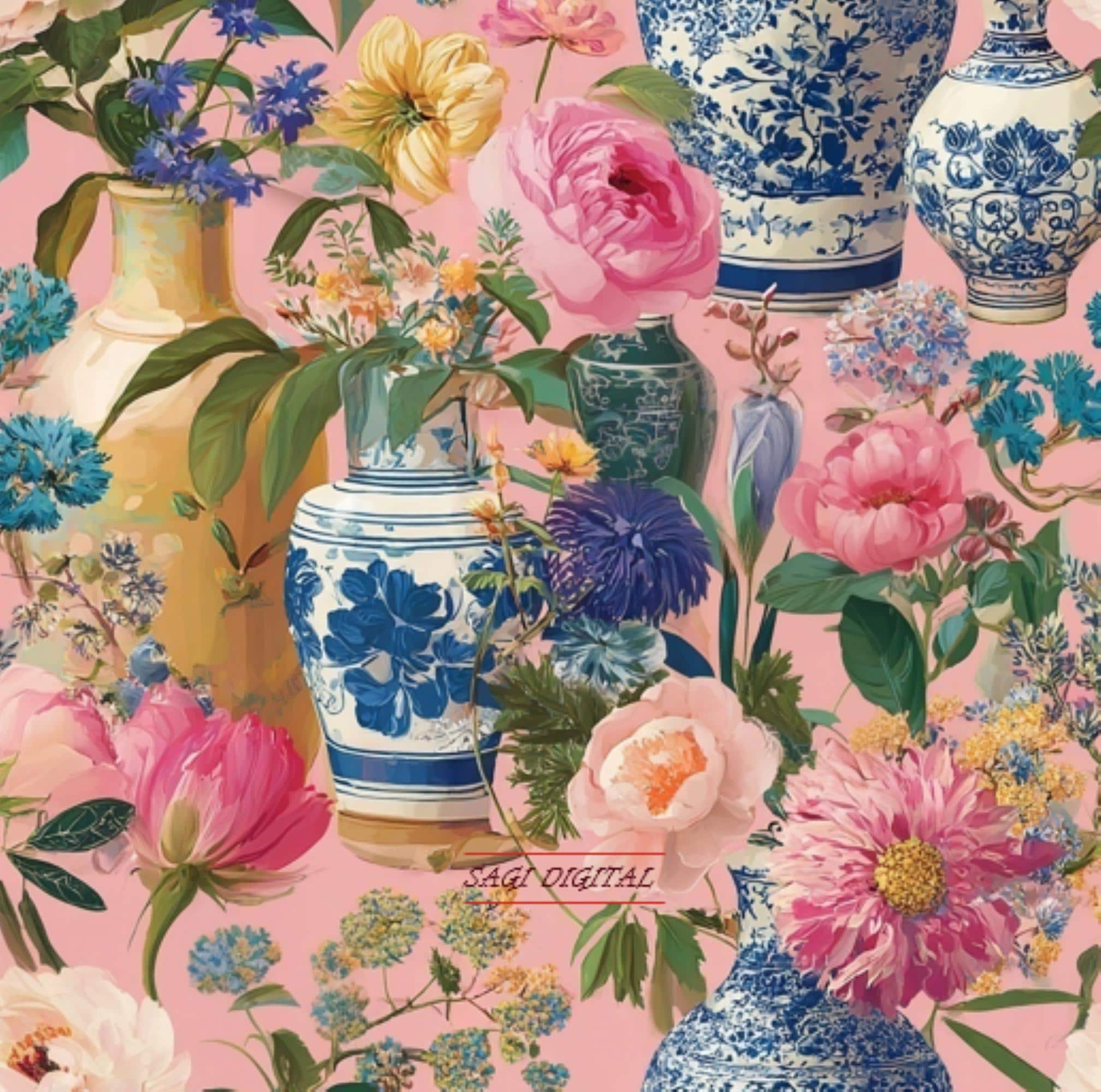 Chinoiserie Floral Seamless Pattern, Blue White Ginger Jar Digital Paper, Commercial Use