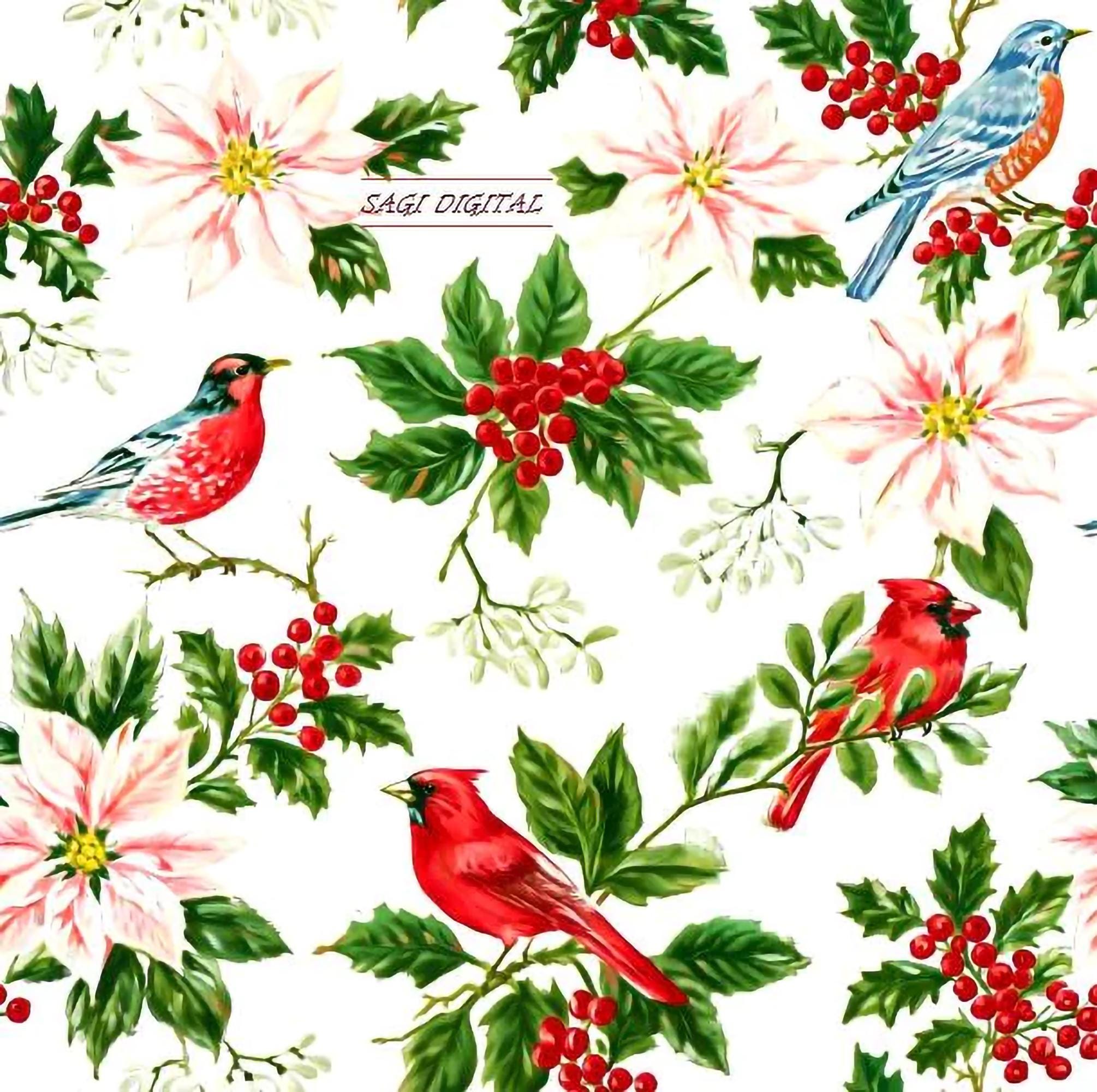 Christmas Cardinal Seamless Pattern | Red Bird, Holly, Poinsettia, Commercial Use