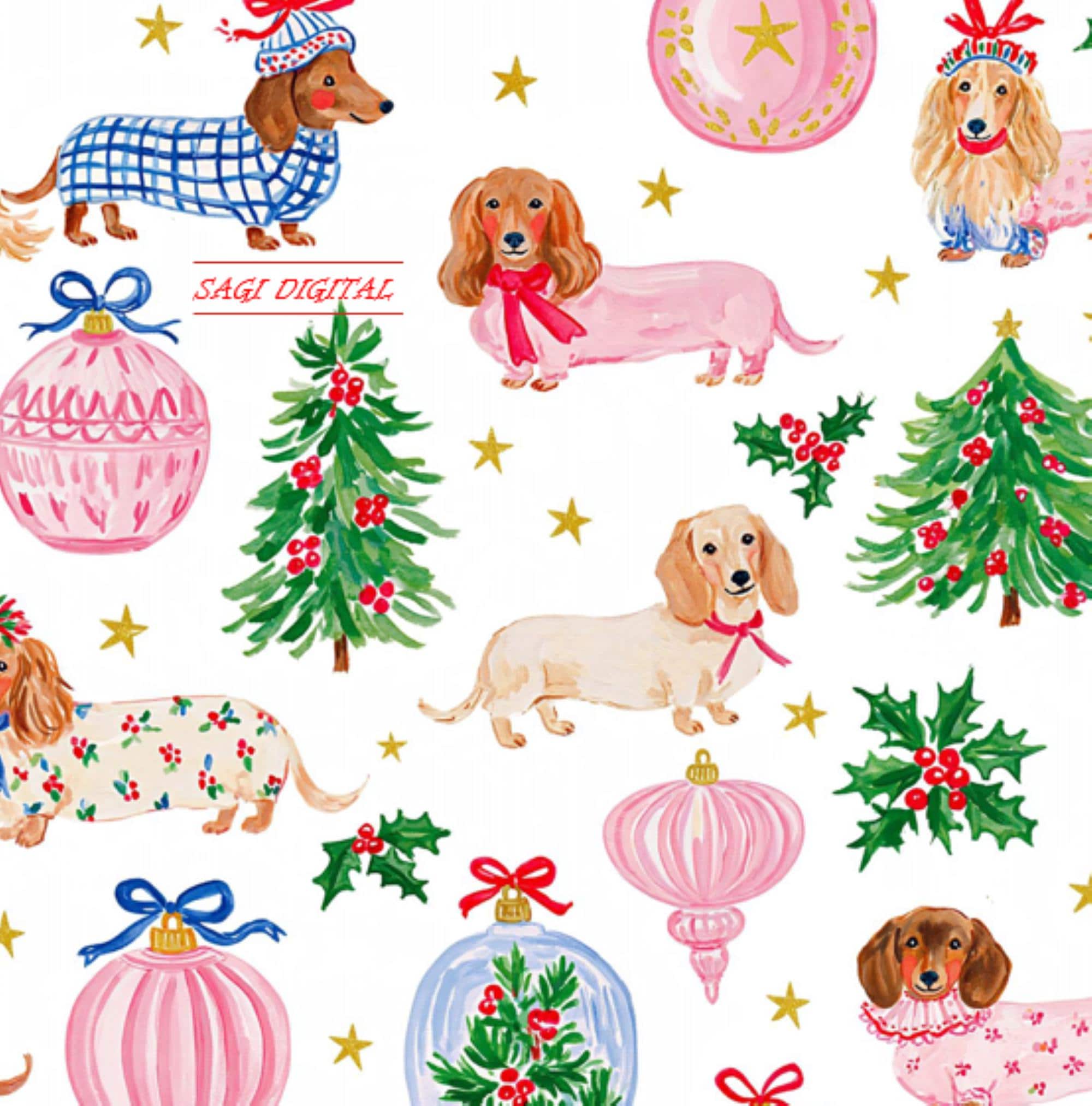Christmas Dachshund Seamless Pattern, Holiday Dog Fabric Design, Commercial Use