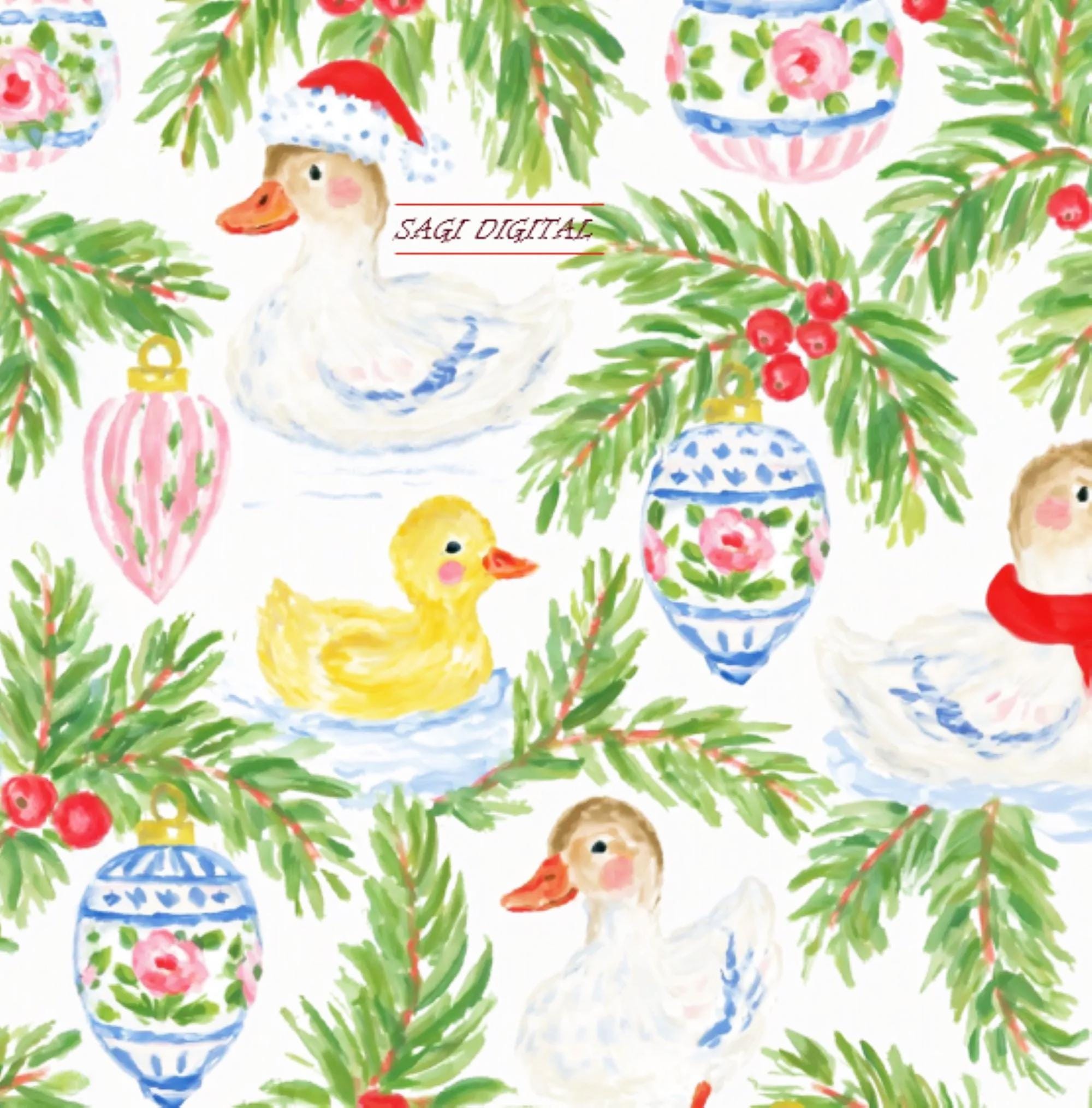 Christmas Duck Seamless Pattern, Santa Hat Duck Fabric Design, Commercial Use