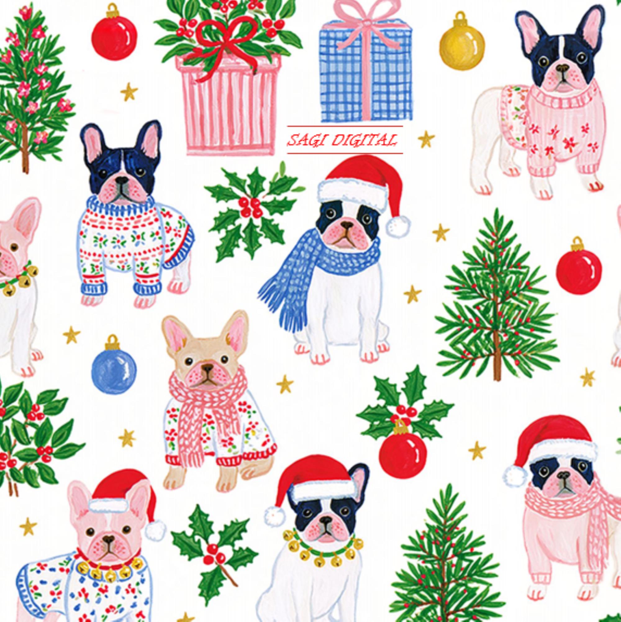 Christmas French Bulldog Seamless Pattern, Holiday Dog Fabric Design, Commercial Use