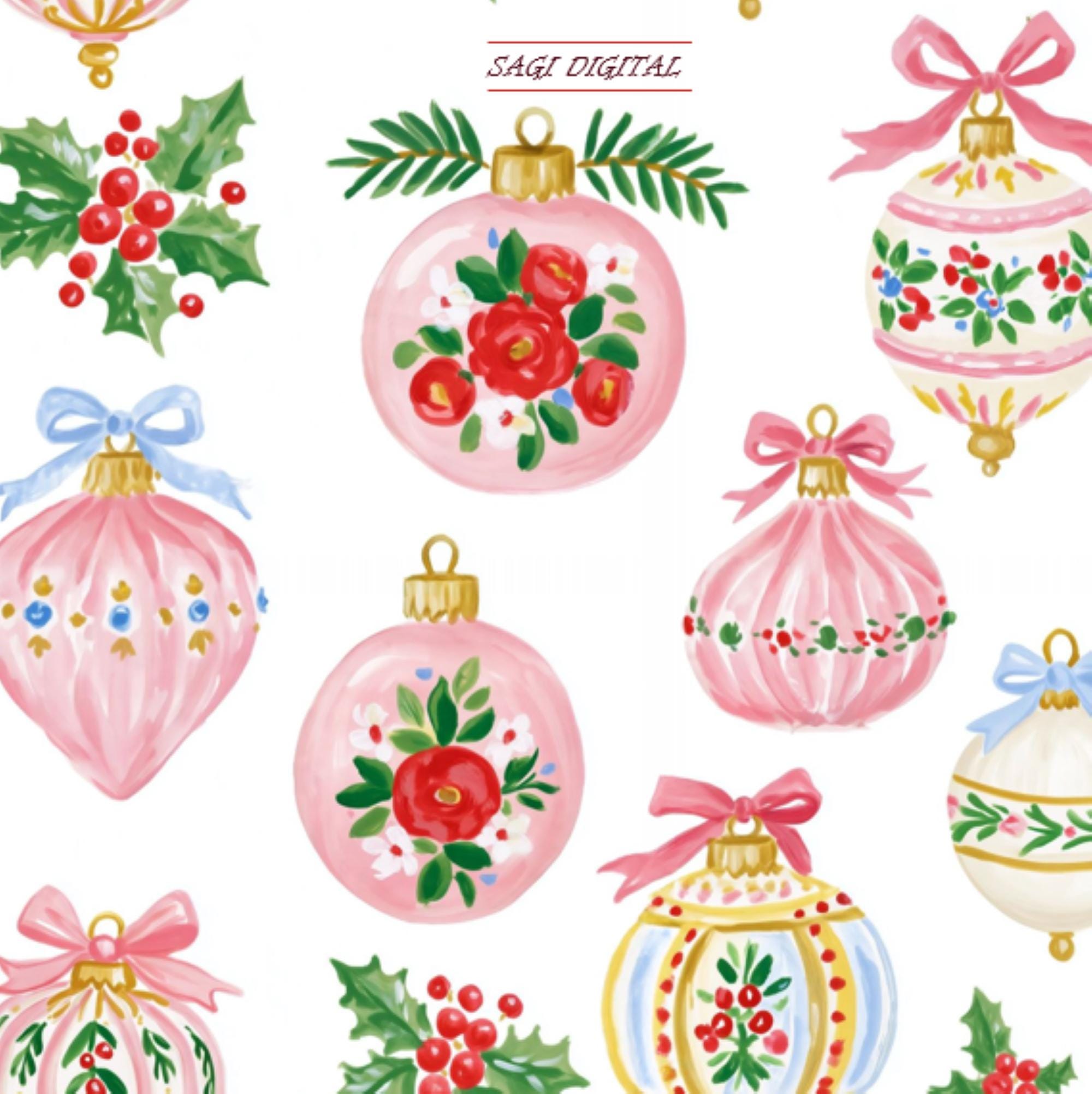 Christmas Ornament Seamless Pattern, Pink Floral Bauble Fabric Design, Commercial Use