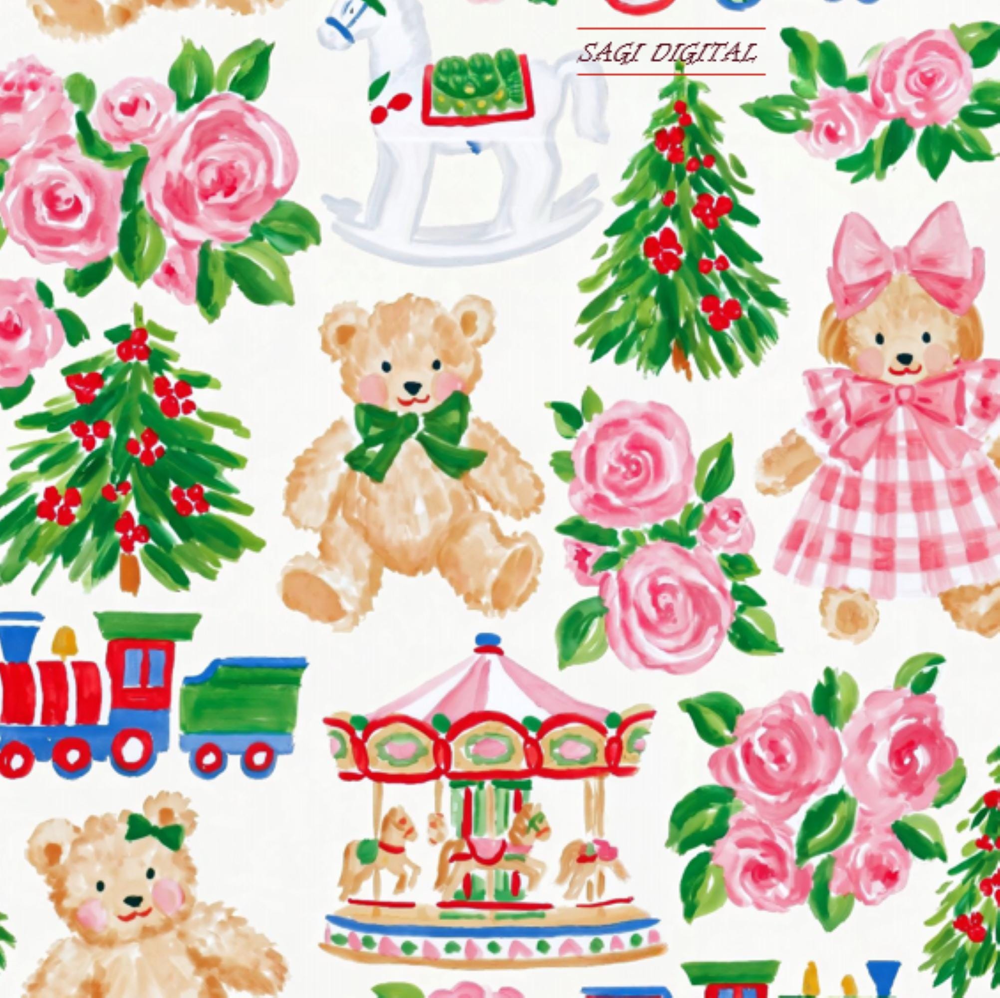 Christmas Teddy Bear Seamless Pattern, Vintage Toy Nursery Fabric Design, Commercial Use