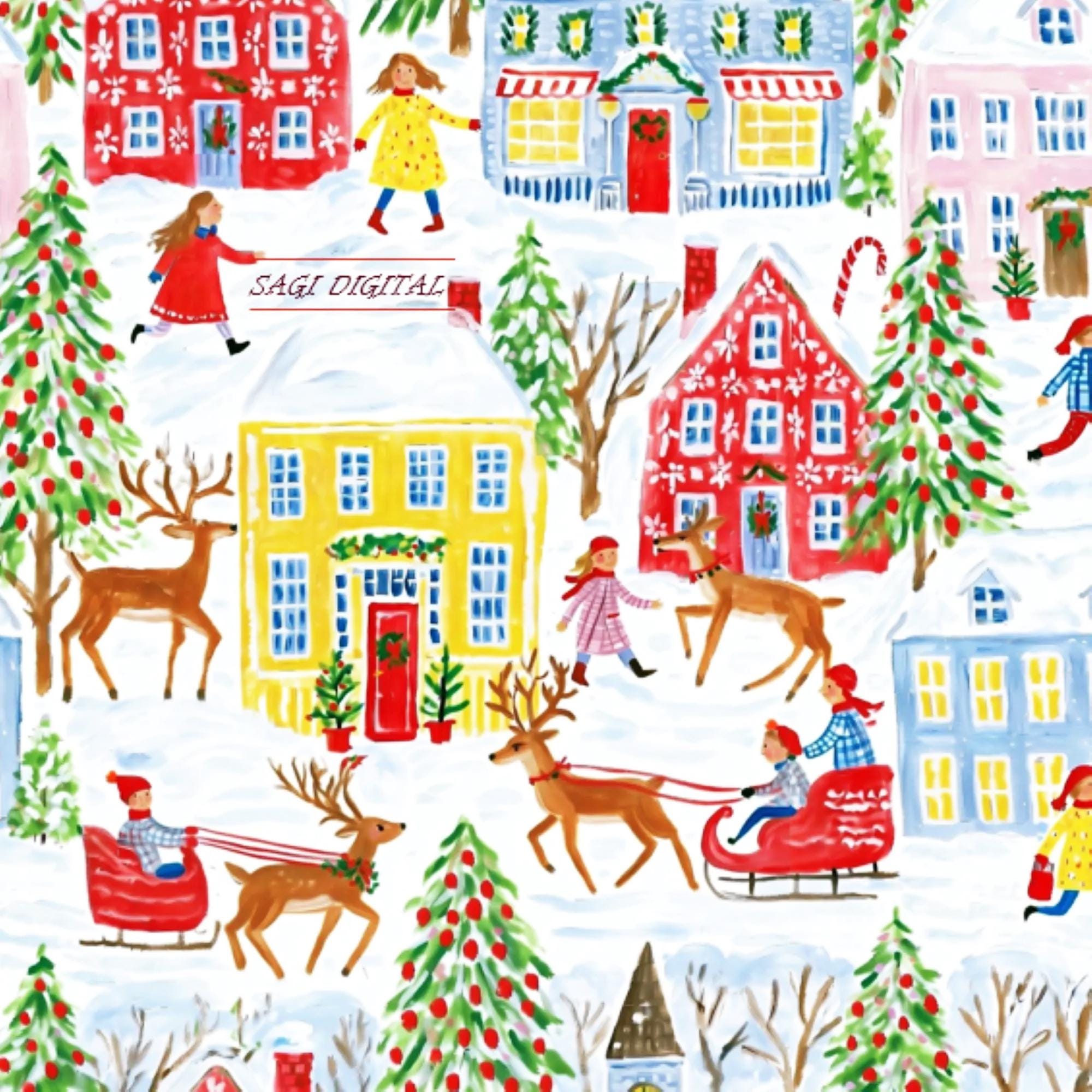 Christmas Village Seamless Pattern, Reindeer Sleigh Snow Print, Commercial Use