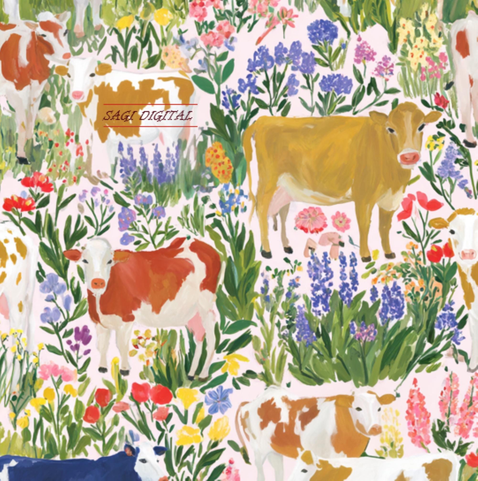 Cottagecore Cow Seamless Pattern, Floral Animal Farm Digital Paper, Commercial Use
