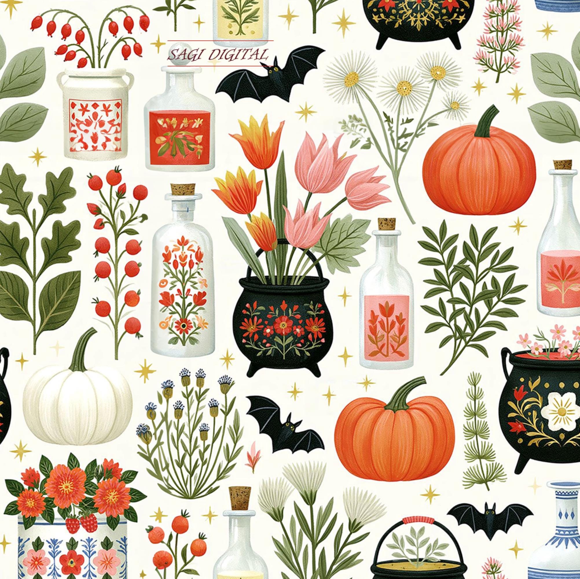 Cottagecore Witchy Seamless Pattern, Botanical Apothecary Print, Commercial Use