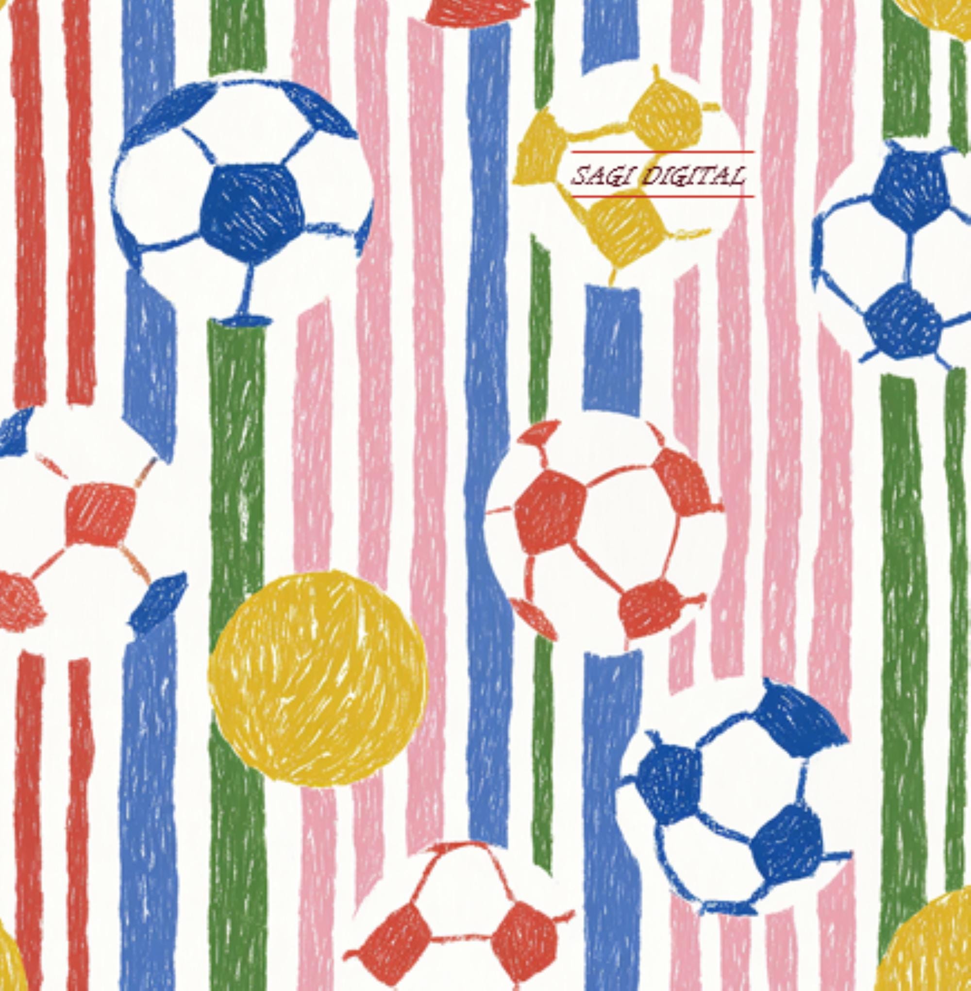Crayon Soccer Ball Seamless Pattern, Kids Football Fabric Design, Colourful Stripe Nursery Decor, Commercial Use