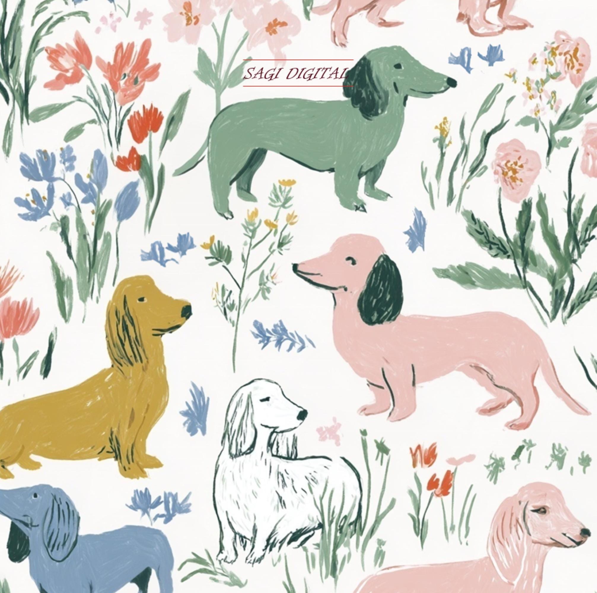 Dachshund Floral Seamless Pattern, Wiener Dog Digital Paper, Commercial Use