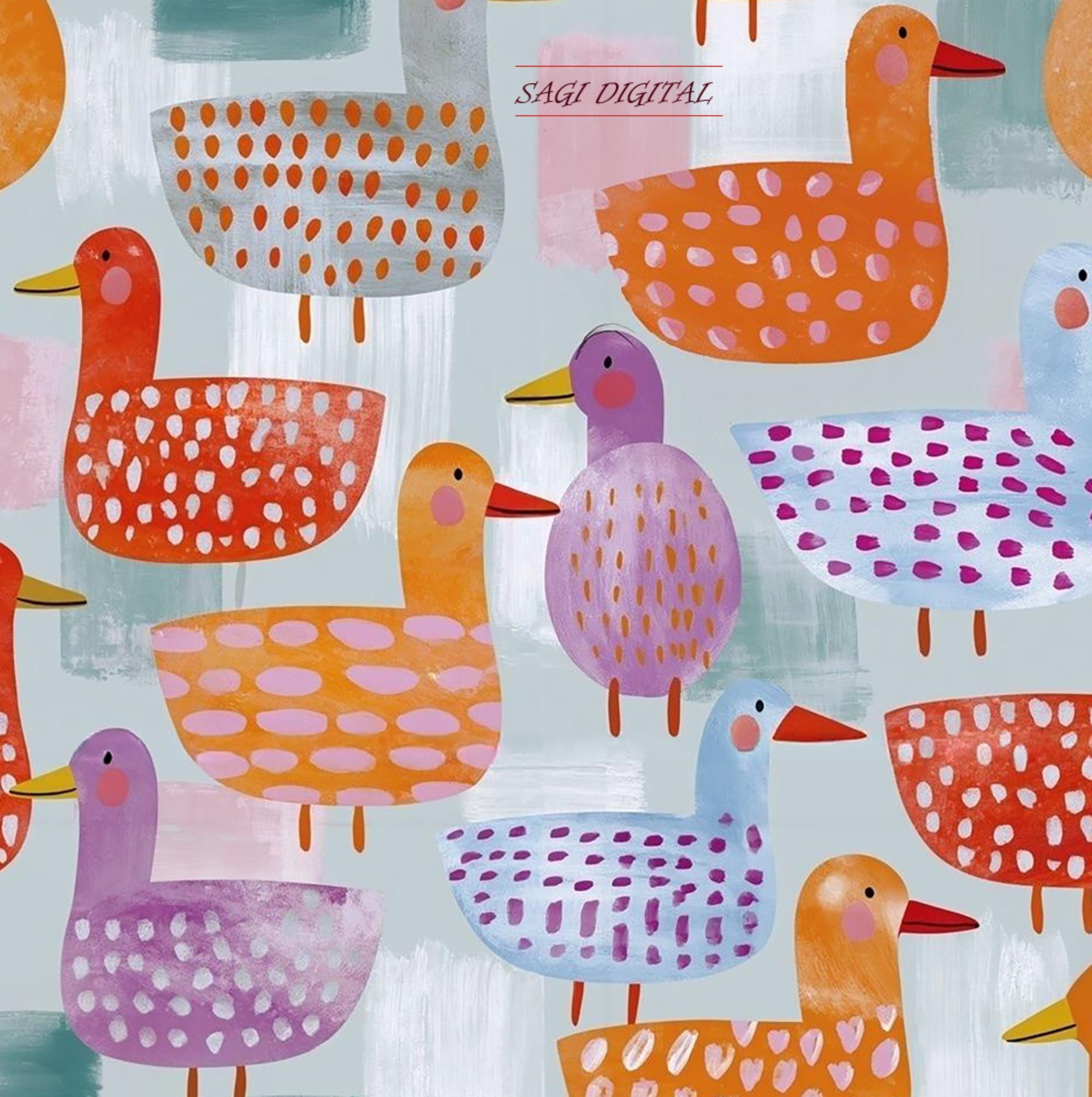 Duck Seamless Pattern, Folk Art Kids Nursery Print, Commercial Use
