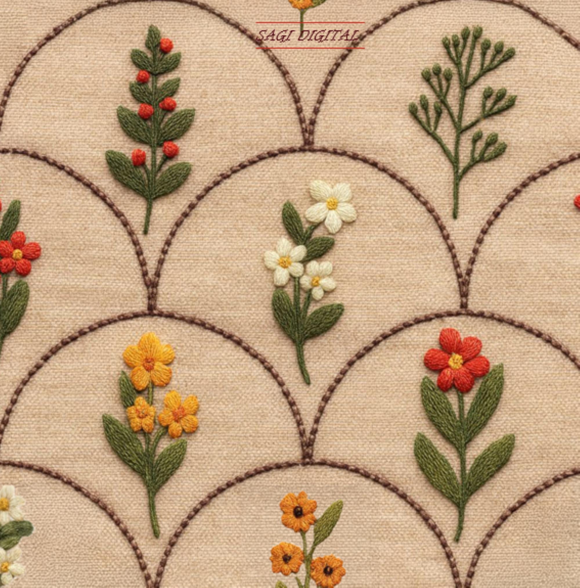 Embroidered Look Floral Seamless Pattern, Folk Flower Scallop Digital Paper, Commercial Use
