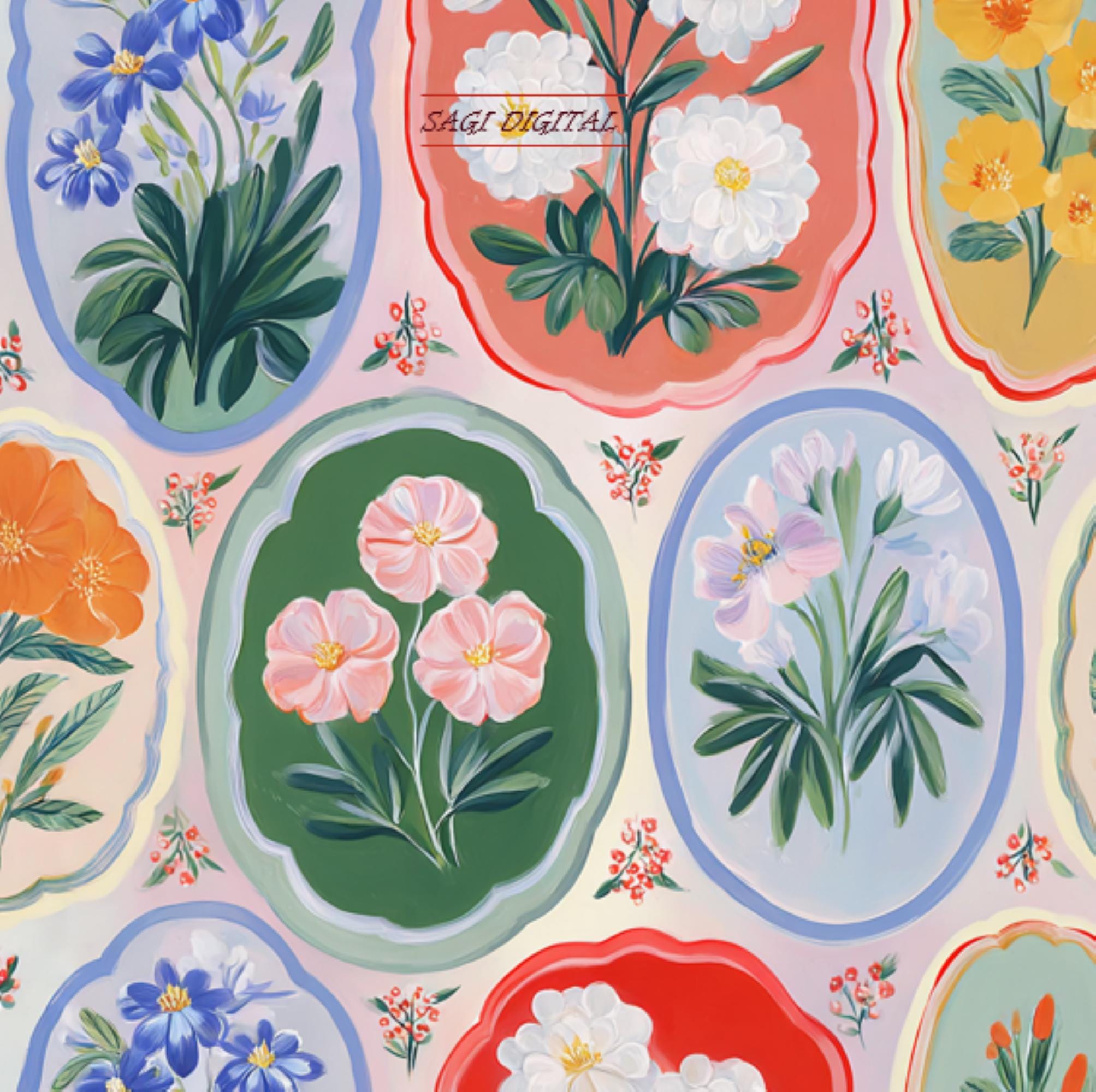 Floral Cameo Seamless Pattern, Vintage Botanical Fabric Design, Commercial Use