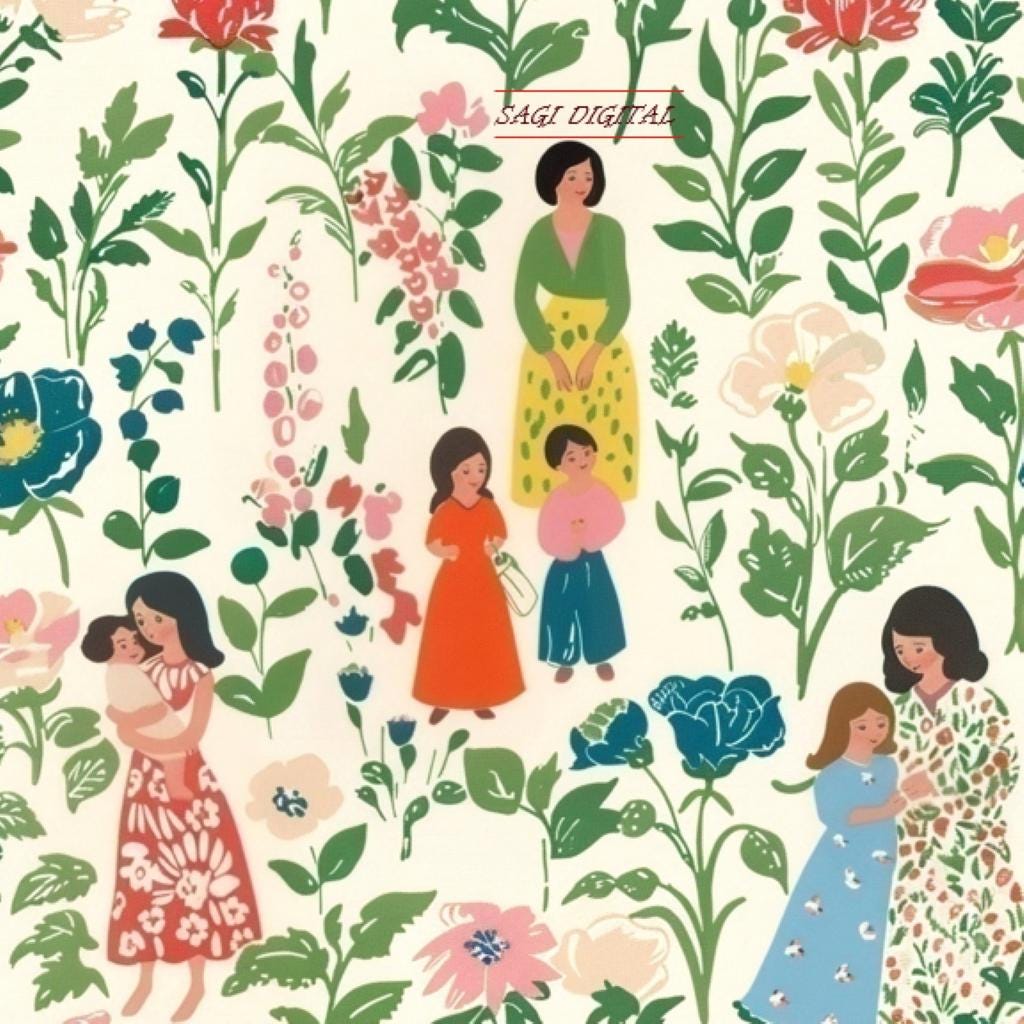 Maternal Garden Seamless Pattern, Folk Art Mother Child Print, Commercial Use