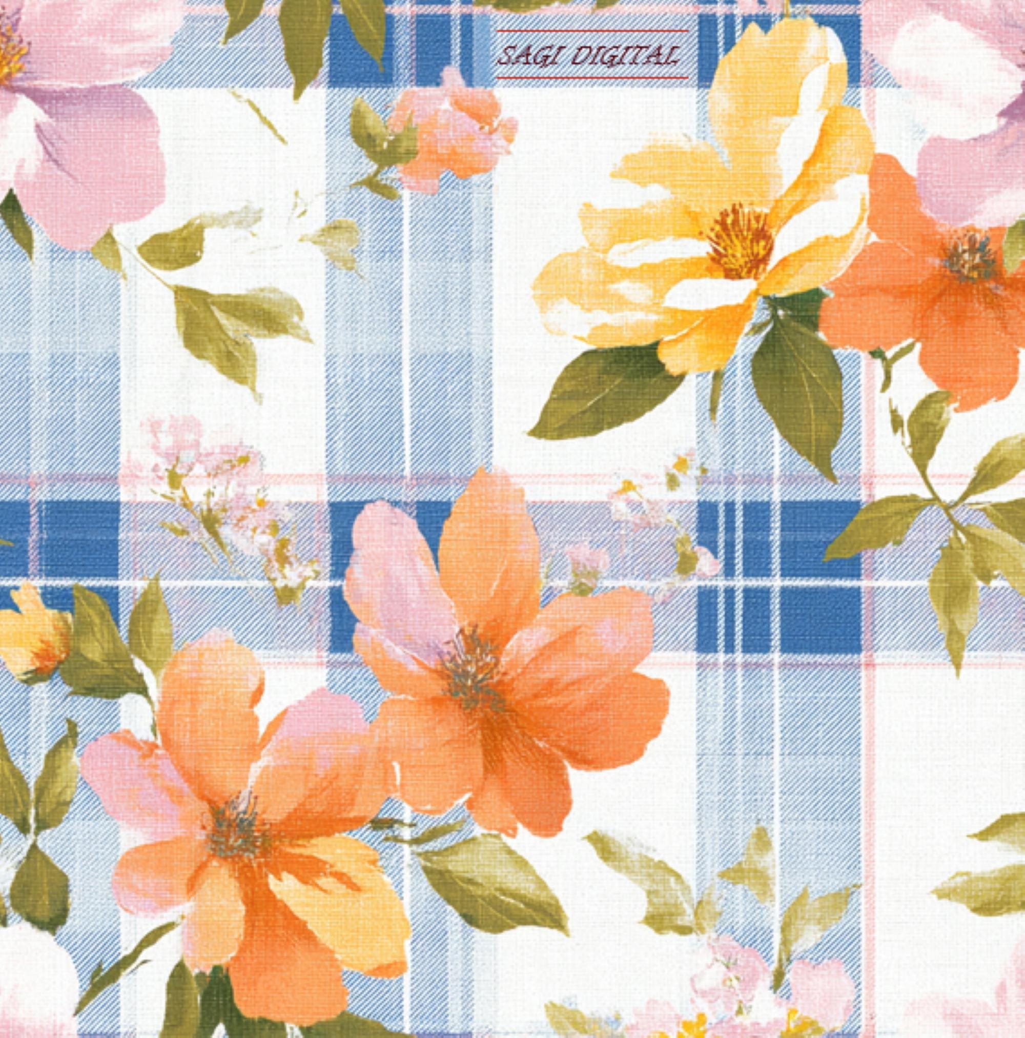 Floral Plaid Seamless Pattern, Watercolor Denim Check Digital Paper, Commercial Use
