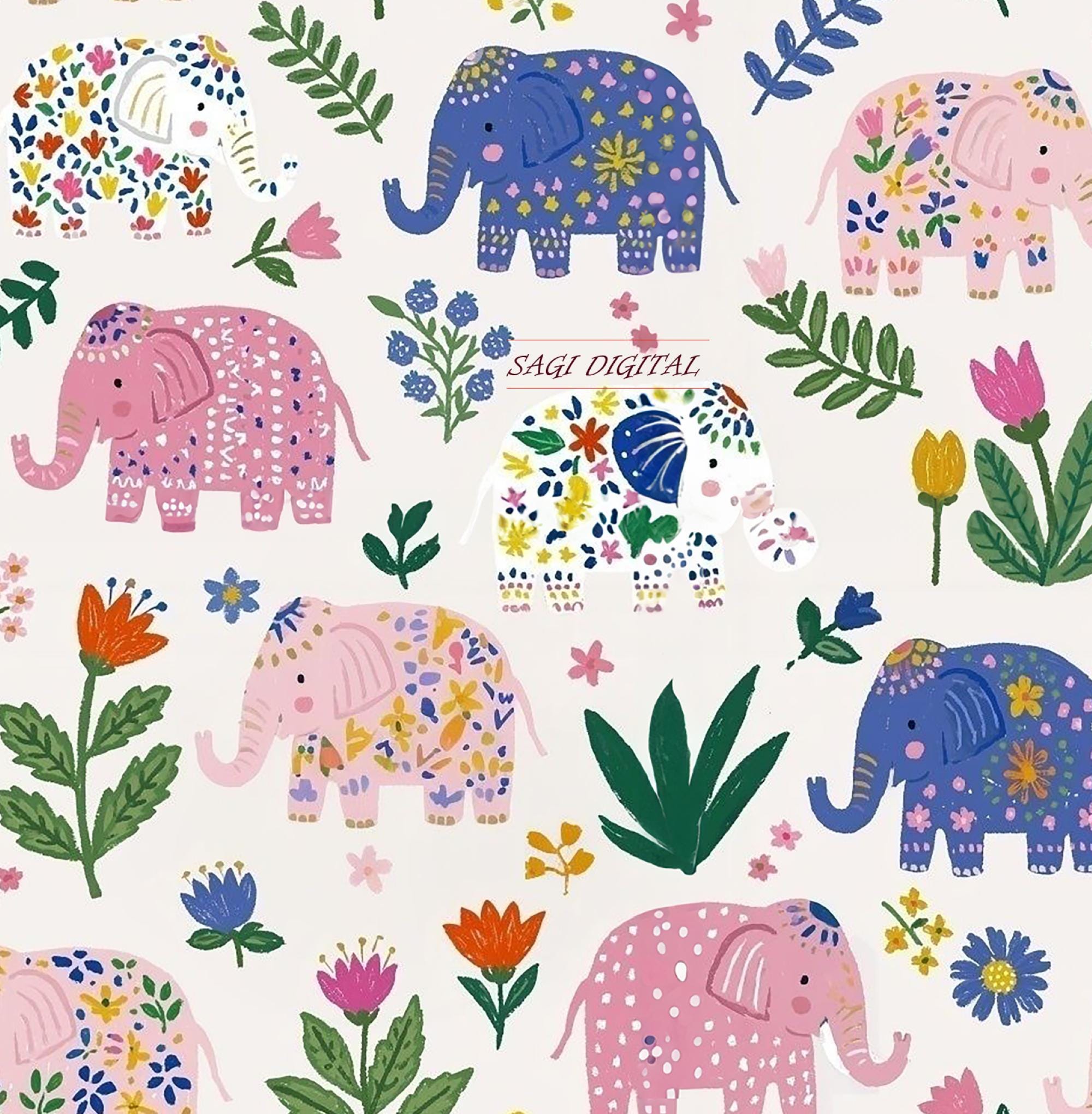 Folk Elephant Seamless Pattern, Colorful Floral Nursery Kids Print, Commercial Use