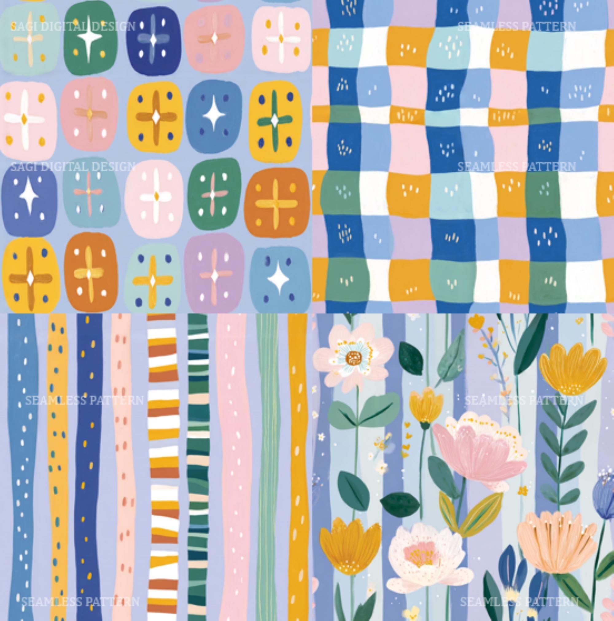 Folk Floral Seamless Pattern Set of 4, Blue Mustard Gingham Digital Paper, Commercial Use