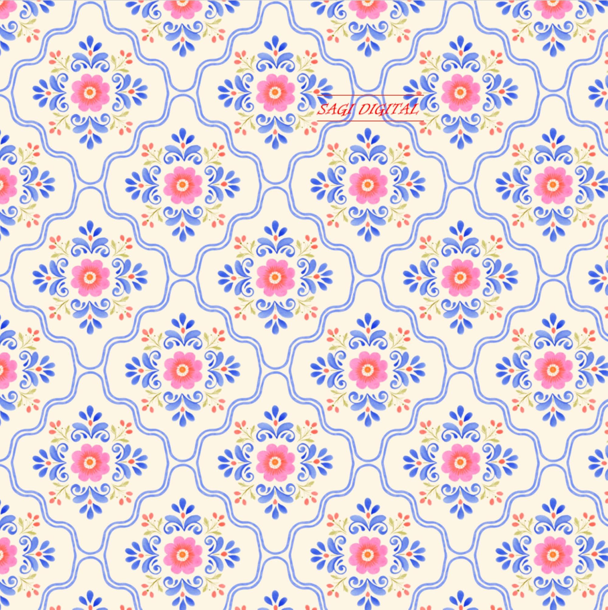 Folk Tile Seamless Pattern, Pink Flower Mediterranean Majolica Preppy Decor, Commercial Use