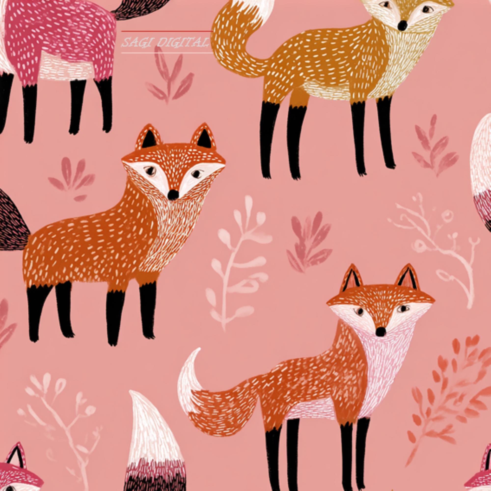 Fox Seamless Pattern, Pink Woodland Folk Animal Digital Paper, Commercial Use