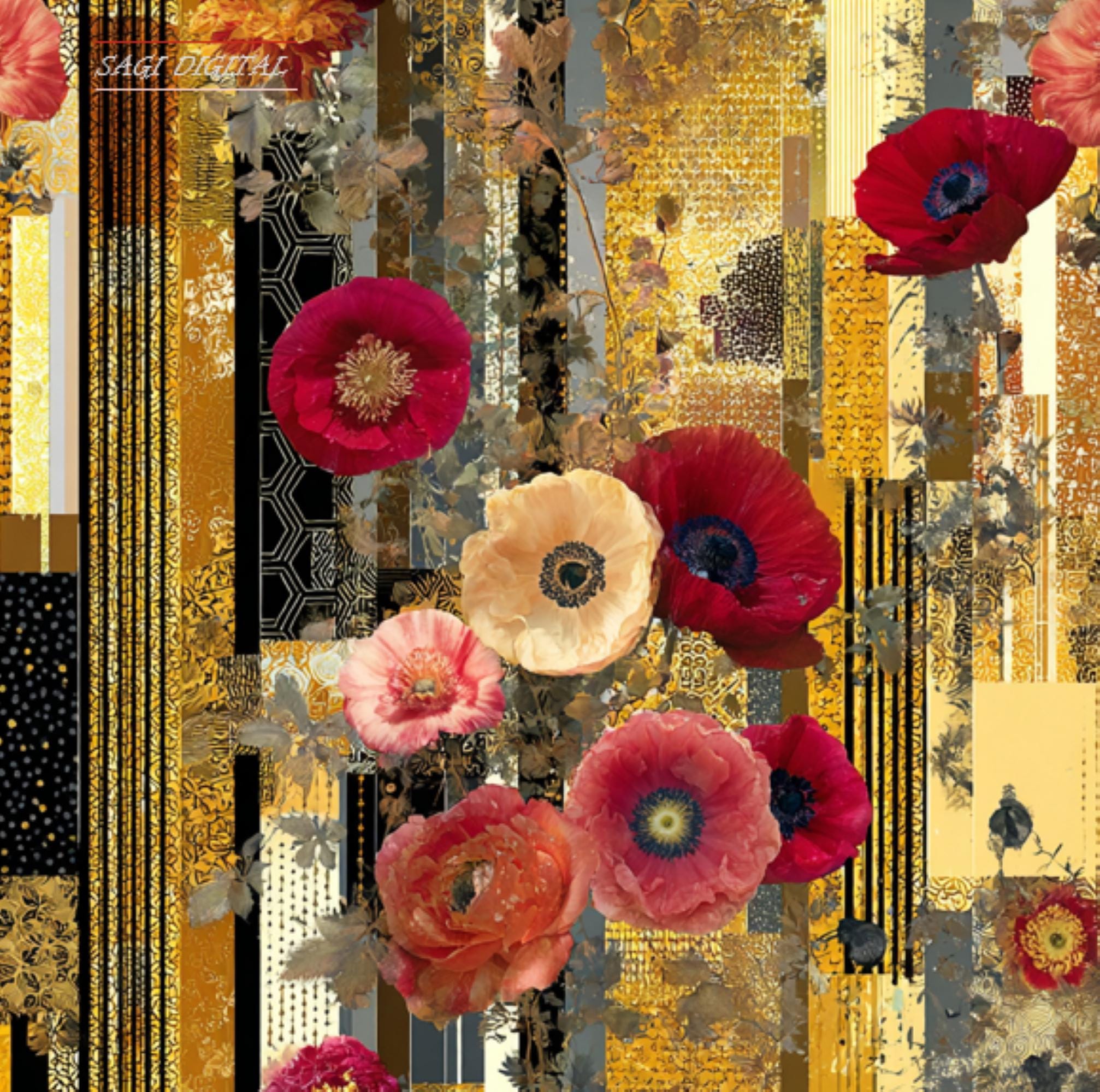 Gold Floral Seamless Pattern, Red Poppy Klimt Style Digital Paper, Mixed Media, Commercial Use