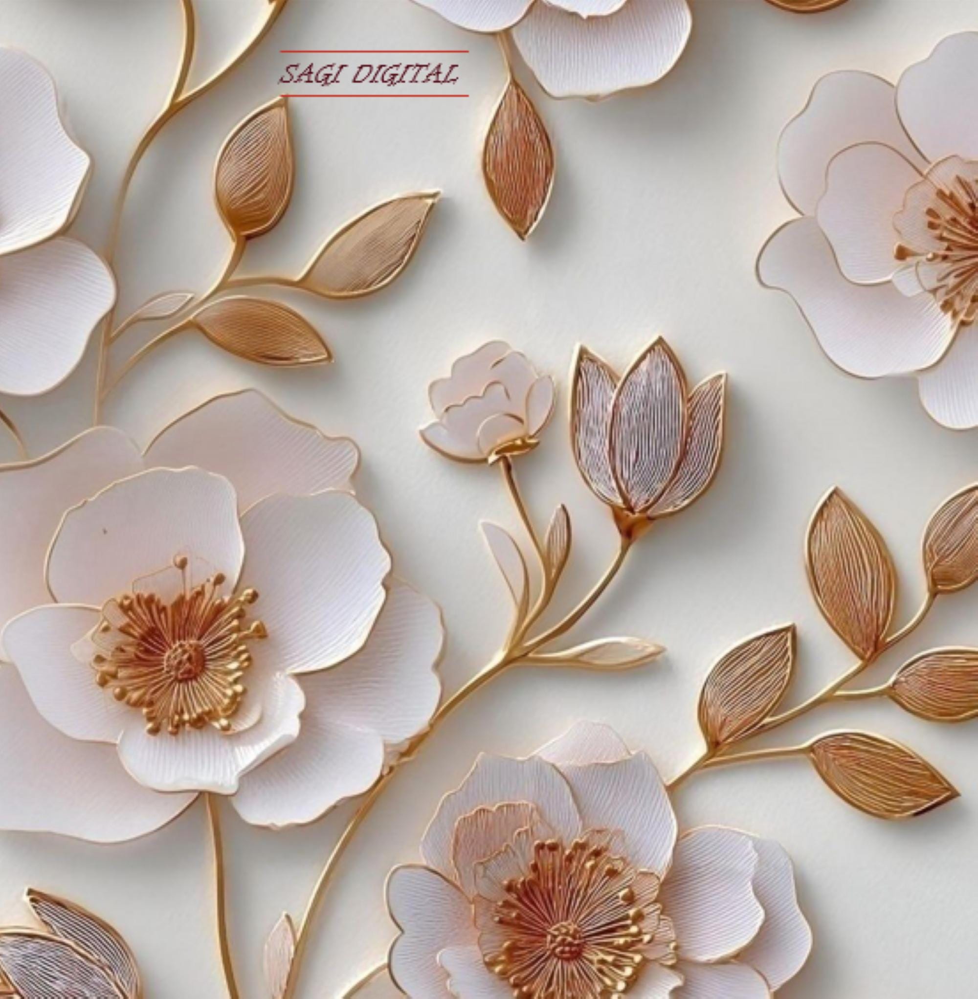 Gold Peony Seamless Pattern, 3D Flower Digital Paper Download, Bridal Fabric, Commercial Use