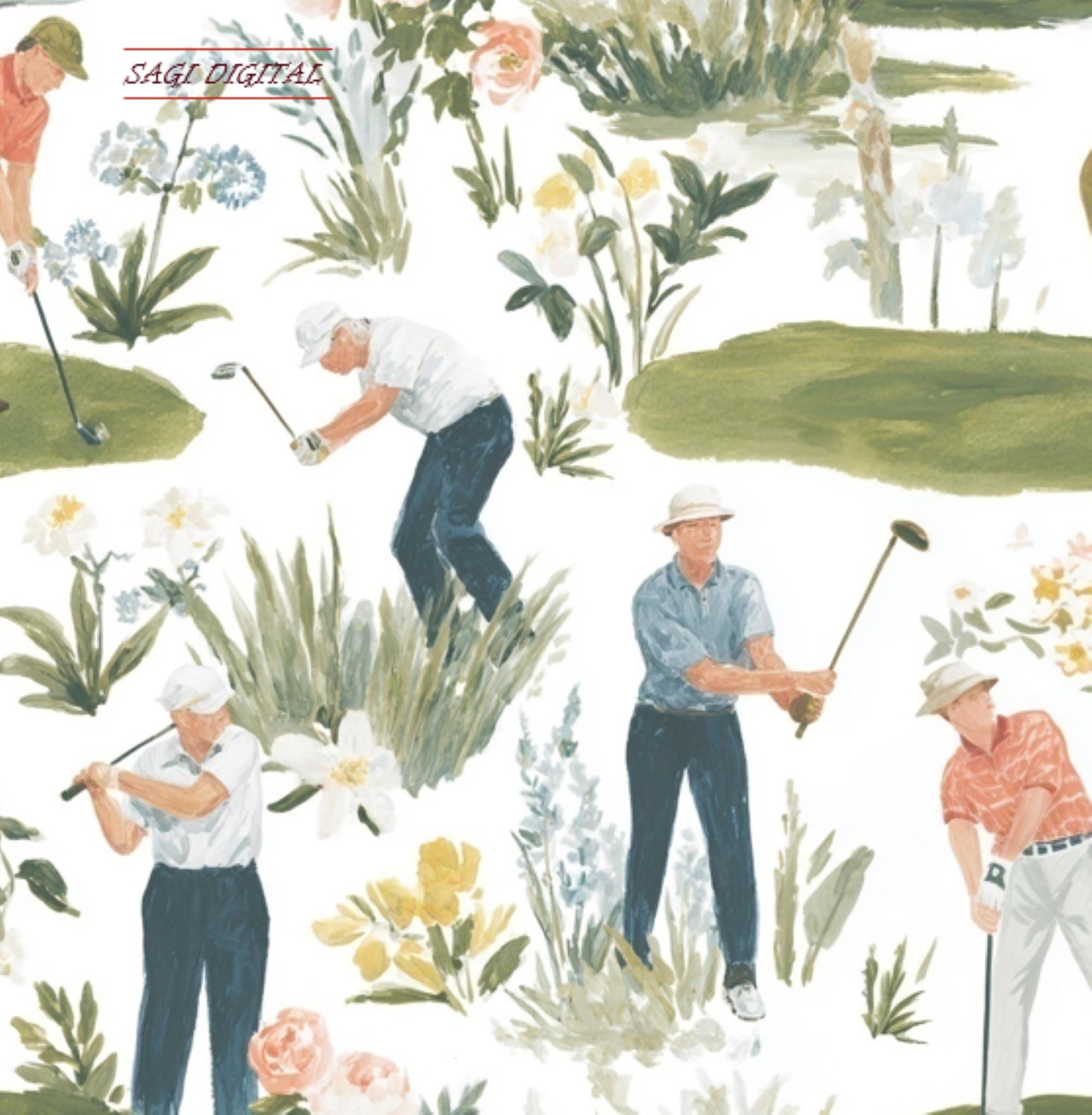 Golf Watercolor Seamless Pattern—Vintage Floral Golfer Fabric Design—Country Club Wallpaper