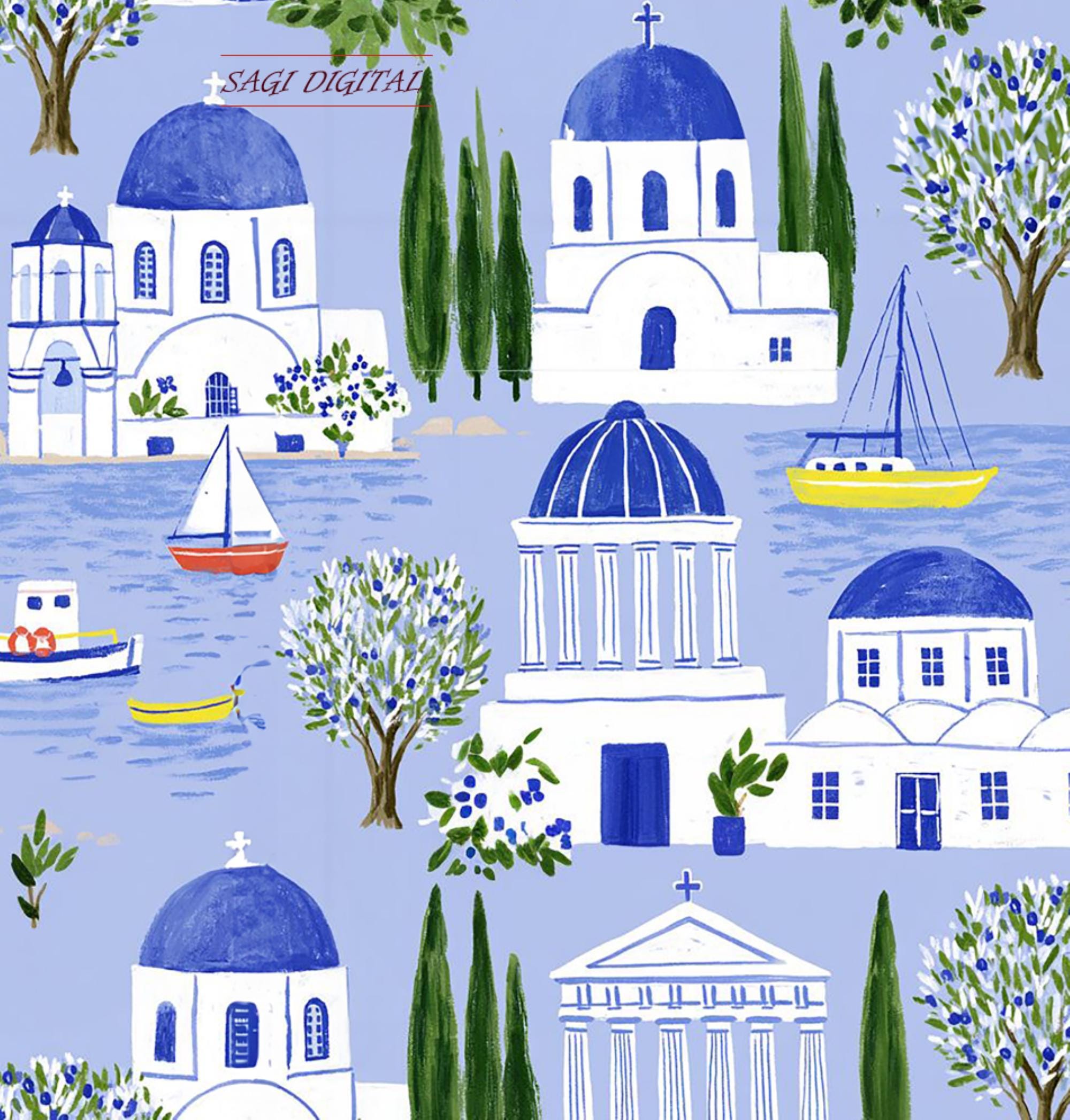 Greek Islands Seamless Pattern, Mediterranean Wallpaper Fabric Design, Commercial Use