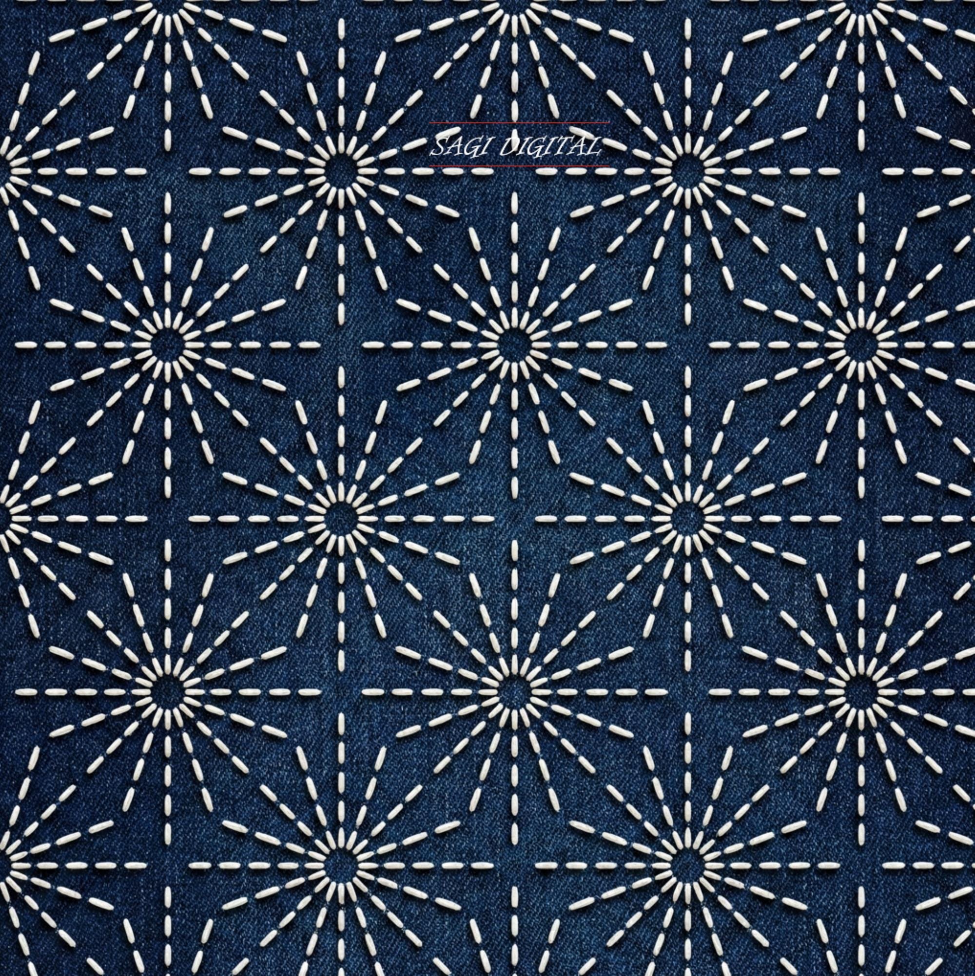 Indigo Sashiko Starburst Seamless Pattern, Japanese Stitch Fabric Design, Commercial Use