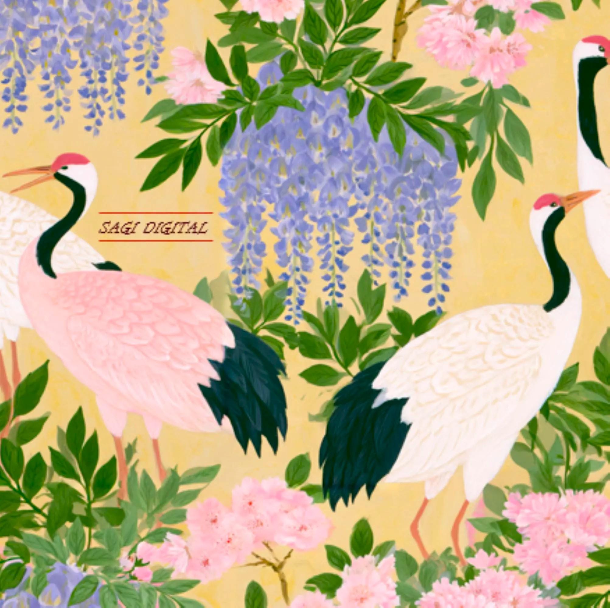 Japanese Crane Seamless Pattern, Wisteria Bird Fabric Design, Commercial Use