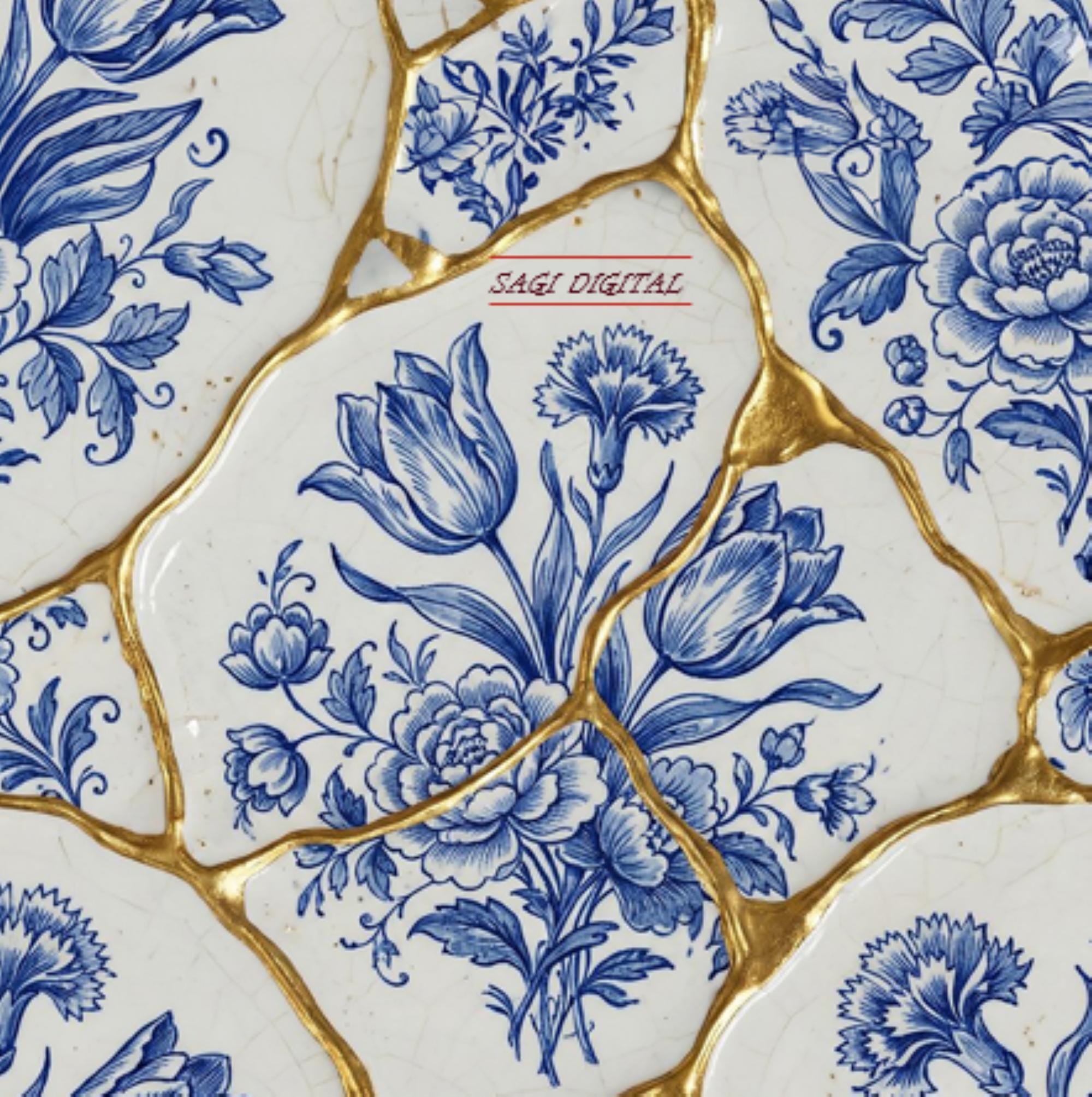 Kintsugi Blue Porcelain Seamless Pattern, Luxury Floral Chinoiserie Digital Paper, Commercial Use