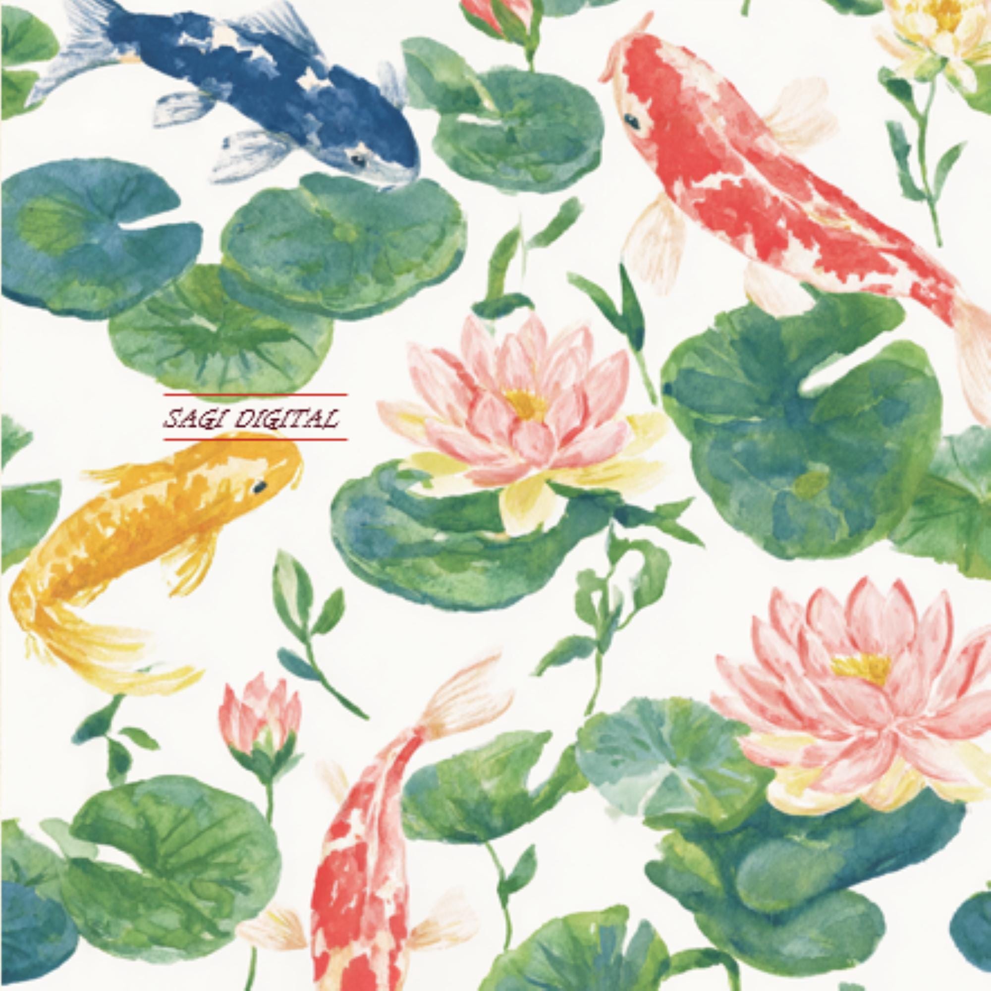 Koi Pond Watercolour Seamless Pattern, Japanese Fish Fabric Design, Commercial Use