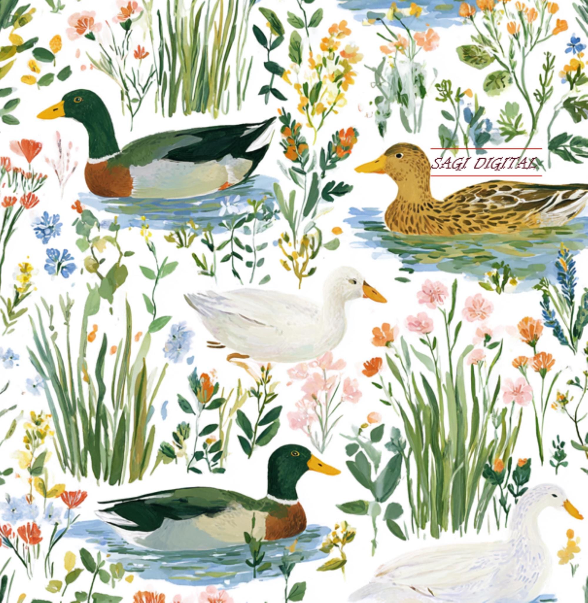 Watercolor Mallard Duck Seamless Pattern, Floral Pond Fabric Design, Commercial Use