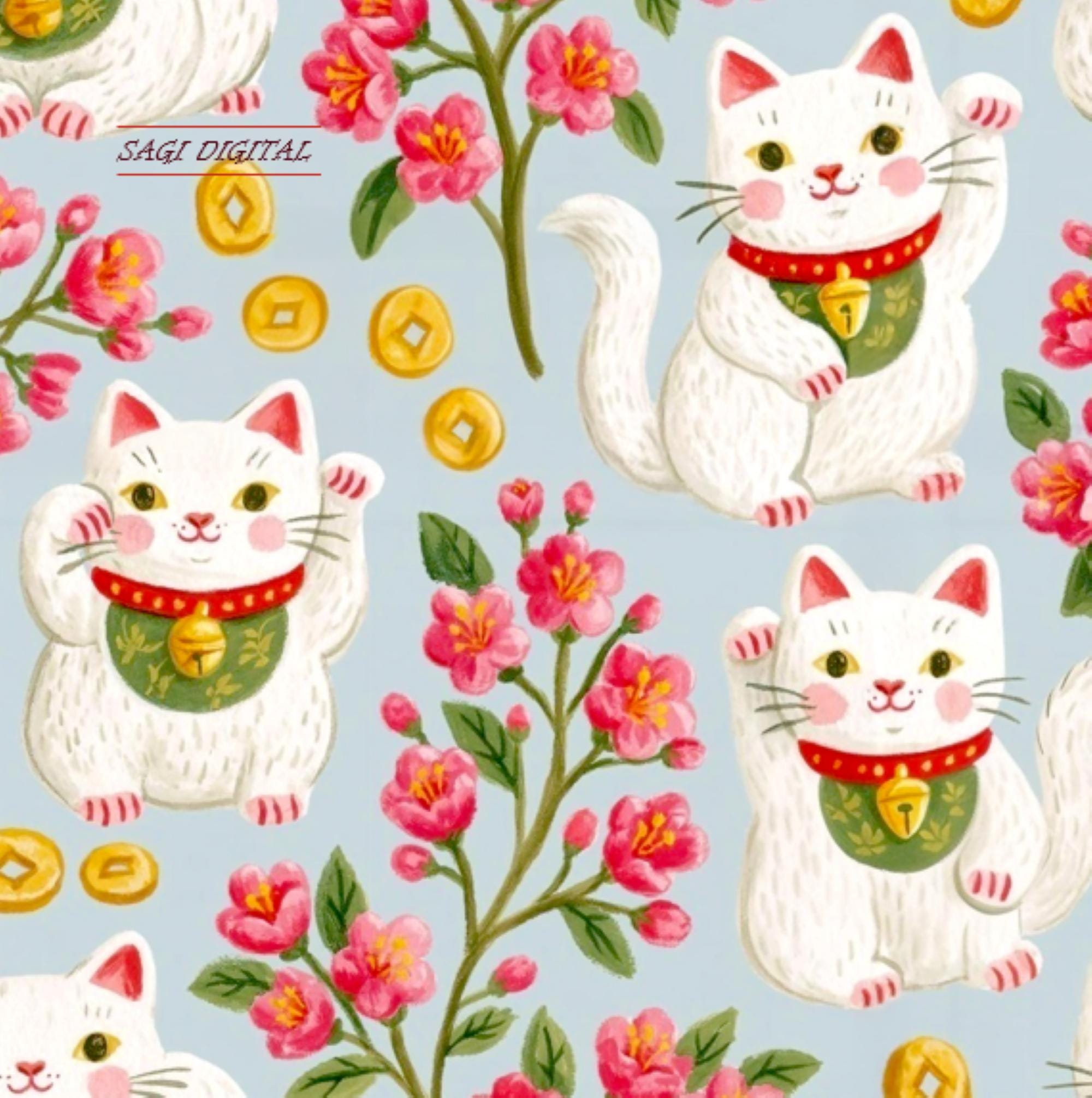 Maneki Neko Seamless Pattern, Lucky Cat Fabric Design, Japanese Decor, Commercial Use