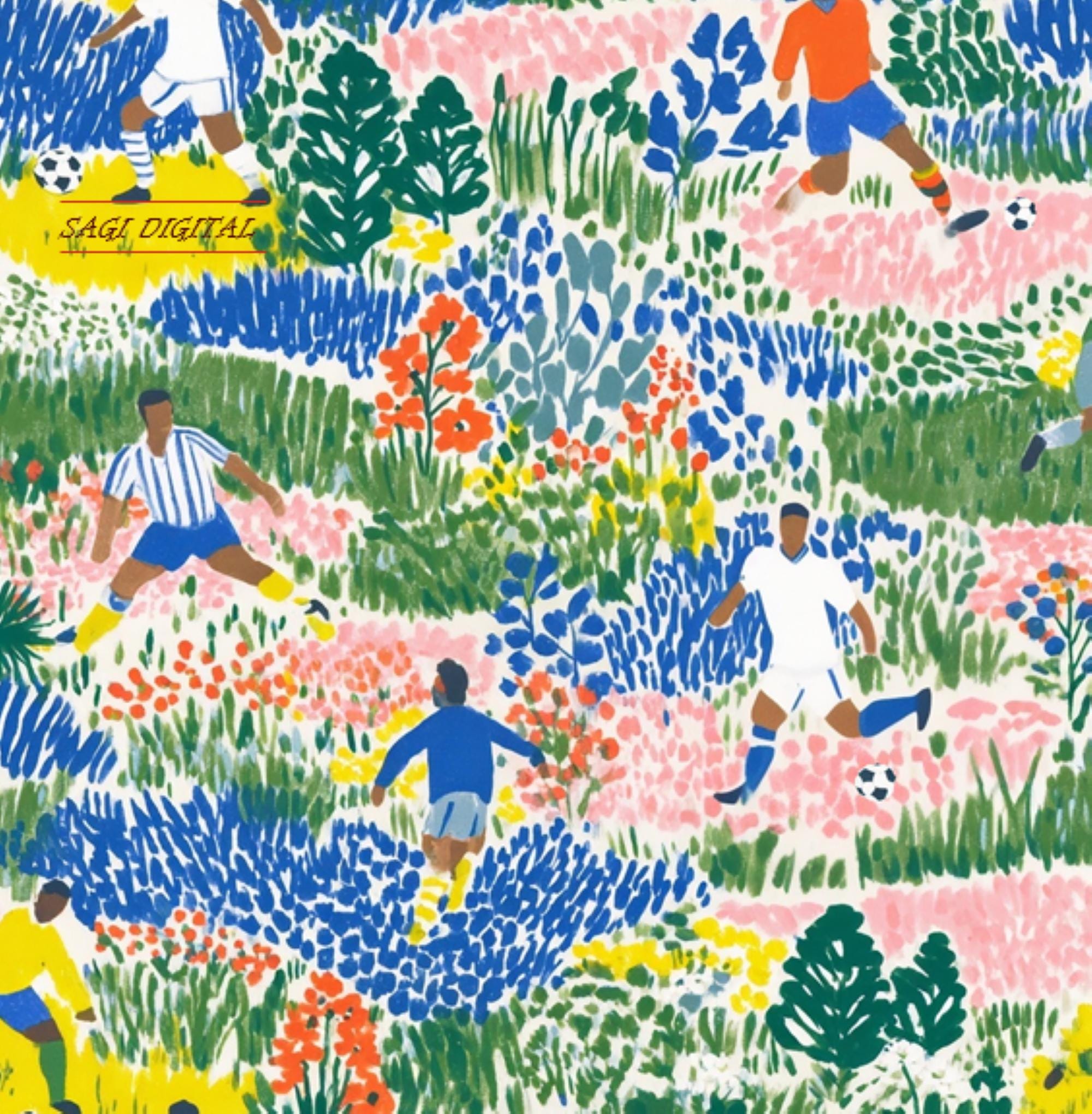Maximalist Football Seamless Pattern, Soccer Player Fabric Design, Bold Botanical Colourful Sports Decor, Commercial Use