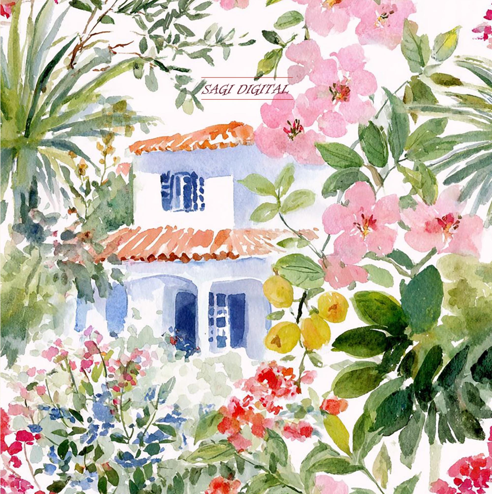 Mediterranean Seamless Pattern, Bougainvillea Villa Floral Print, Commercial Use
