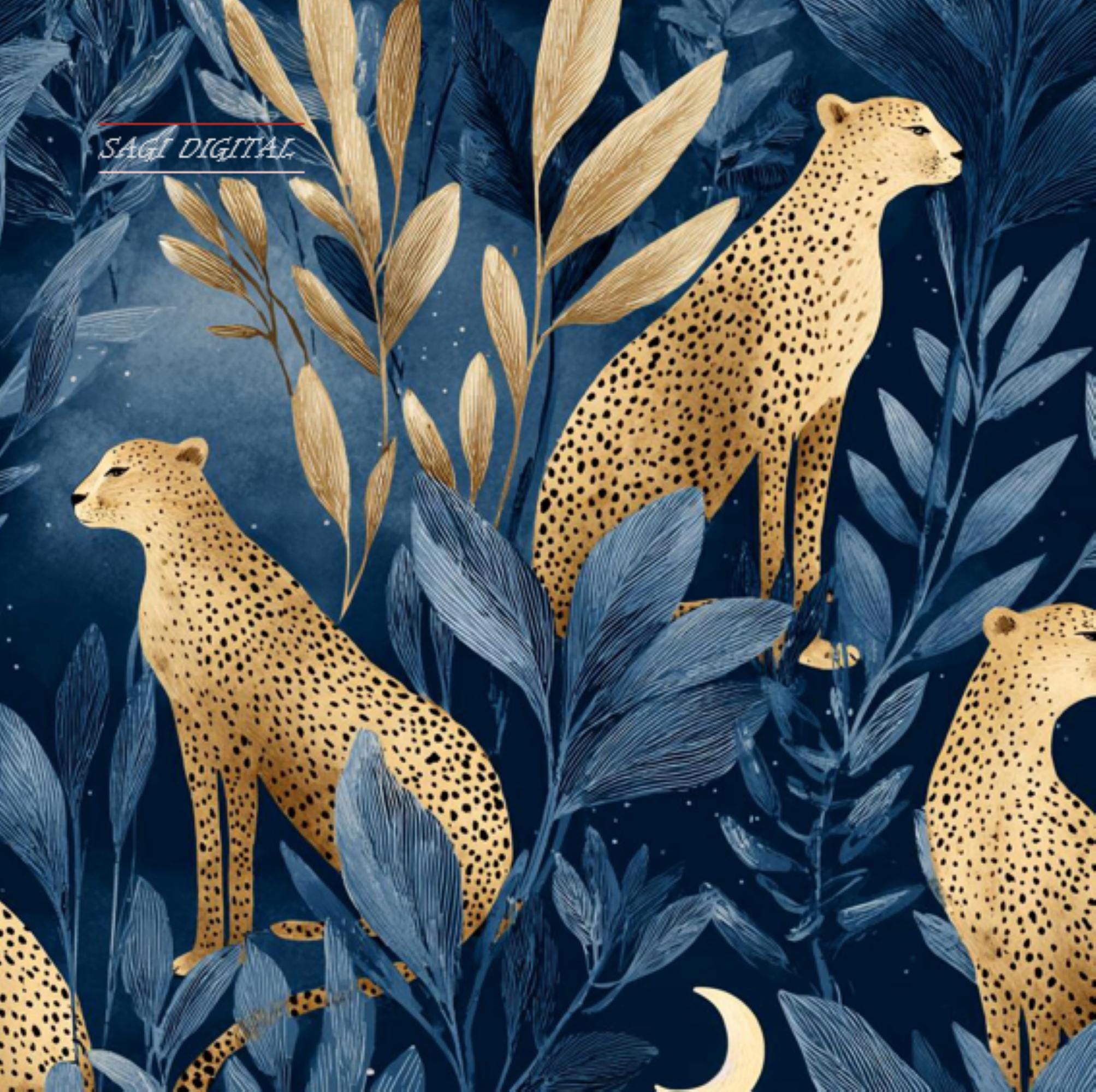 Midnight Leopard Seamless Pattern, Navy Gold Jungle Fabric Design, Commercial Use