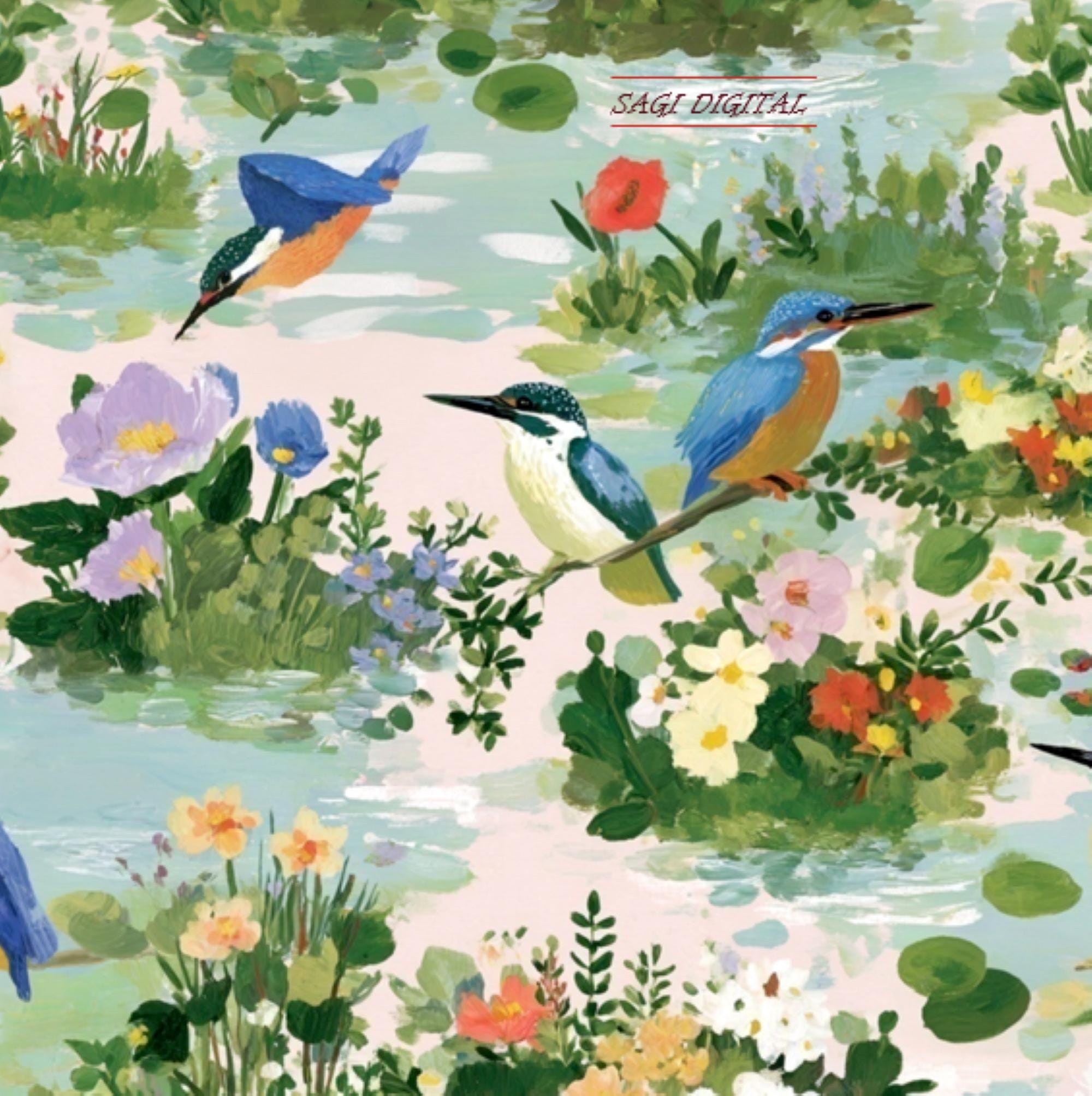 Painted Kingfisher Seamless Pattern, Floral Bird Pond Digital Paper, Commercial Use