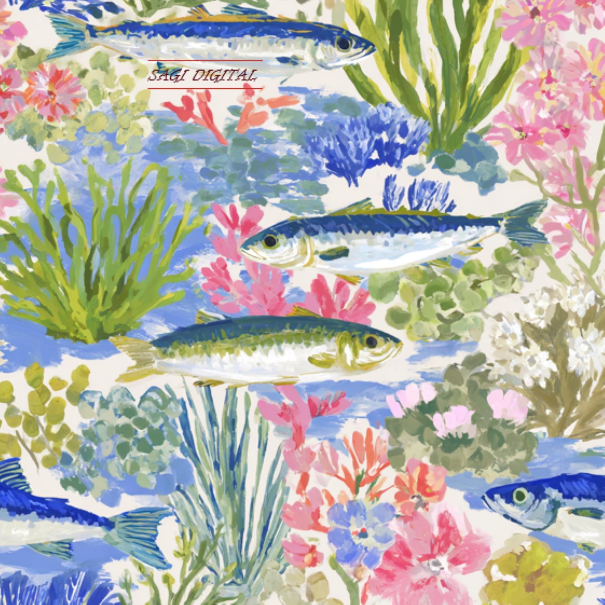 Painted Ocean Fish Seamless Pattern, Sardine Coral Reef Digital Paper, Commercial Use
